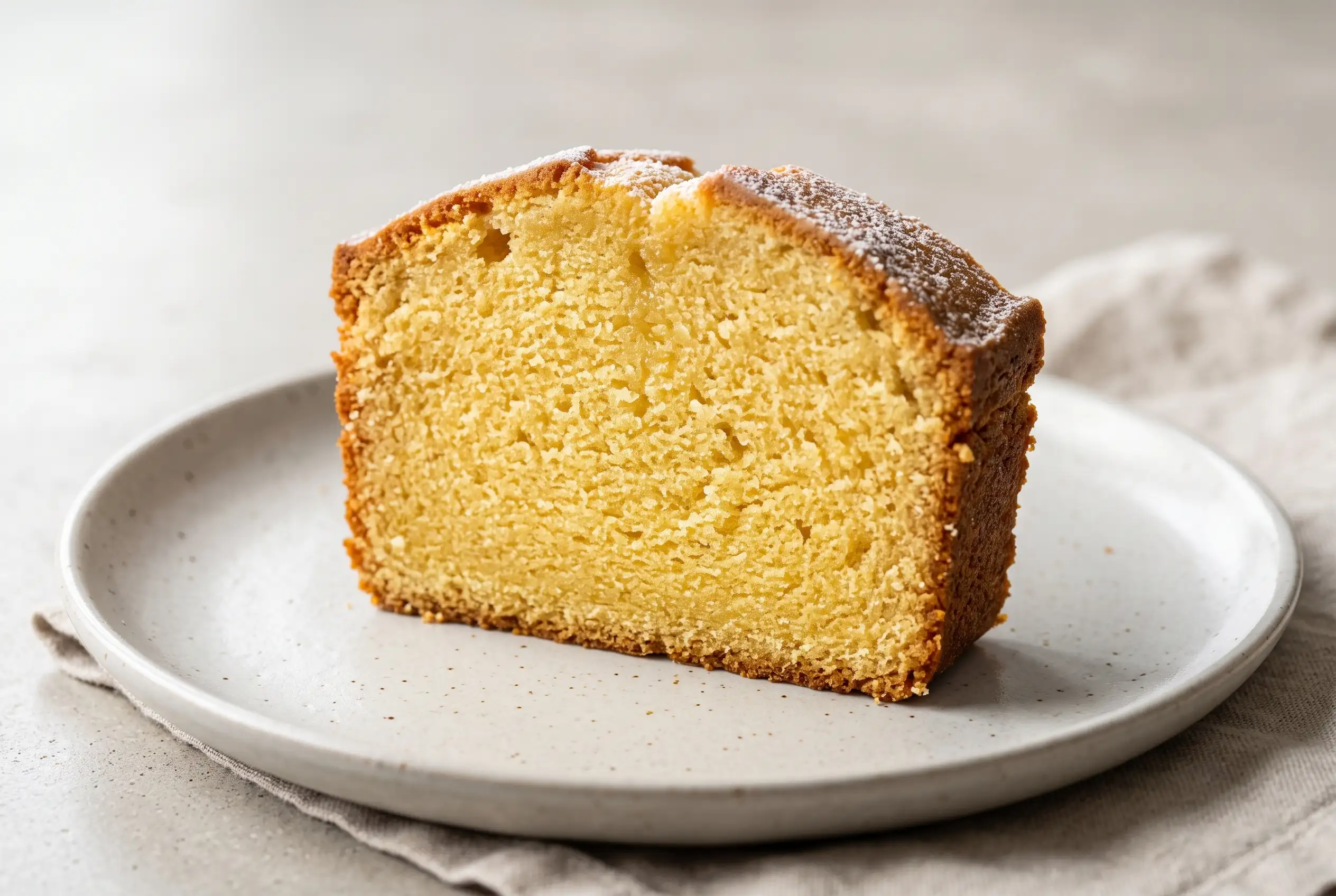 Slice of butter pound cake with a golden crumb and smooth vanilla flavor on a ceramic plate