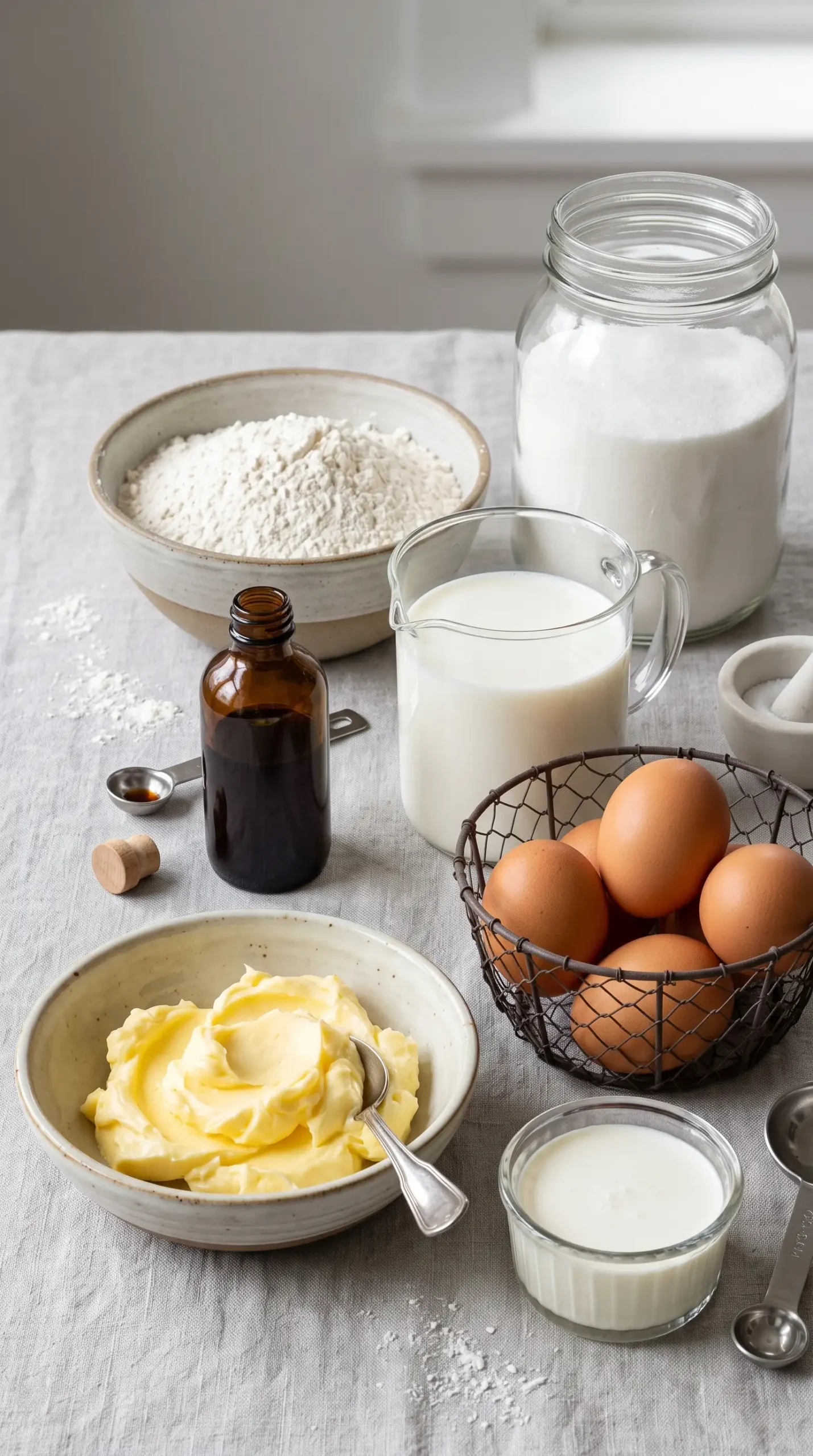 Butter pound cake ingredients including butter, eggs, flour, sugar, milk, and vanilla