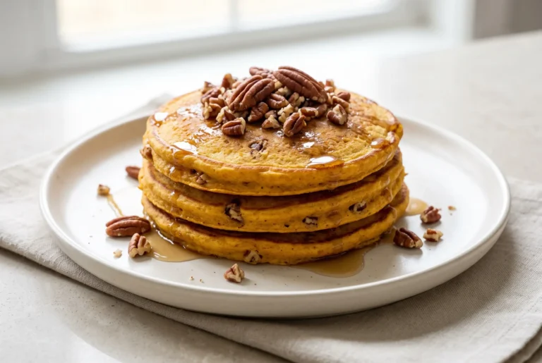 Stack of butternut squash pancakes with pecans and maple syrup on a plate