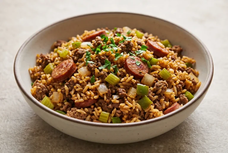 Cajun dirty rice skillet with spicy sausage, ground beef, seasoned rice, and vegetables in a bowl