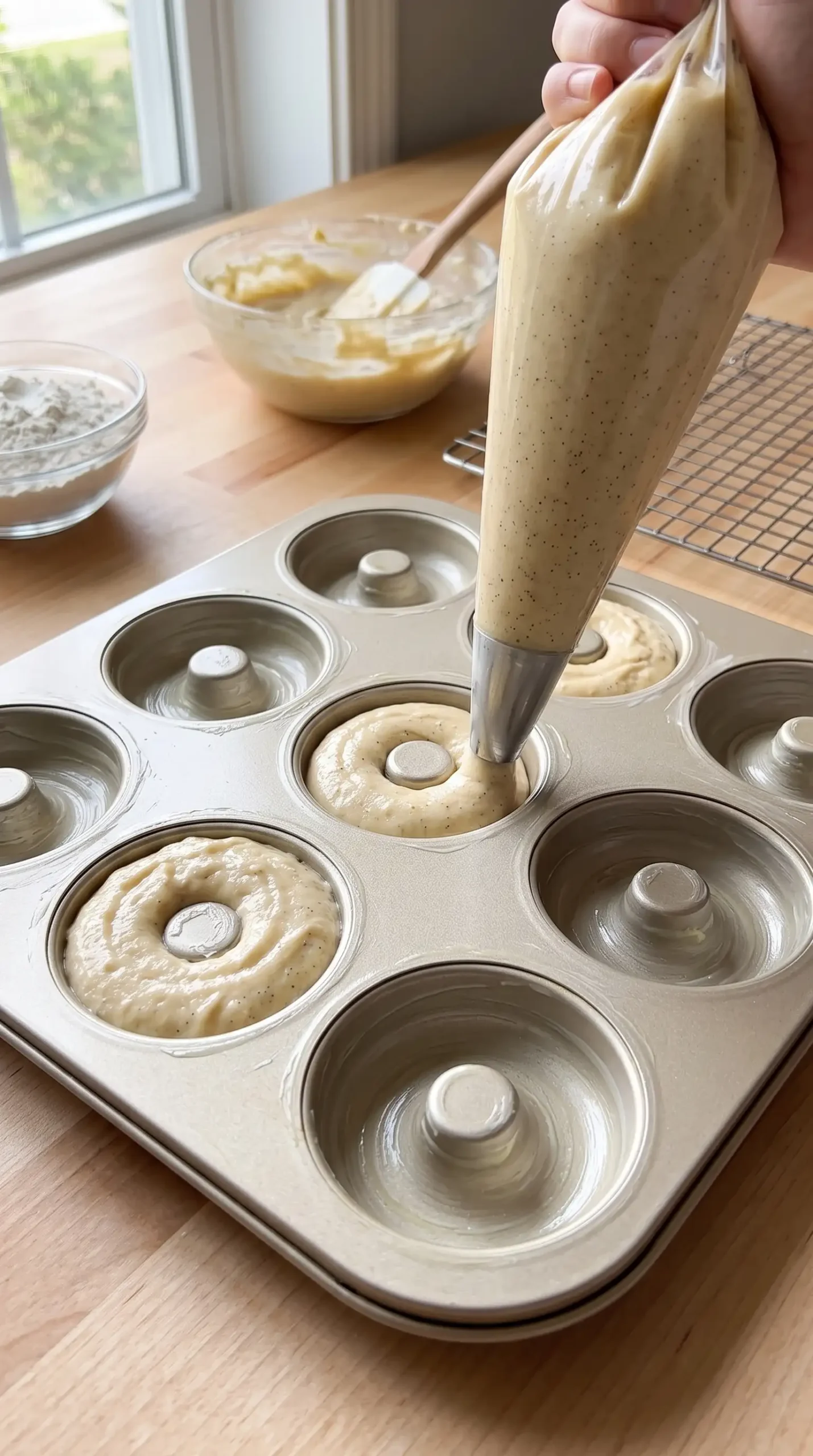Vanilla cake donut batter being piped into a greased donut pan before baking