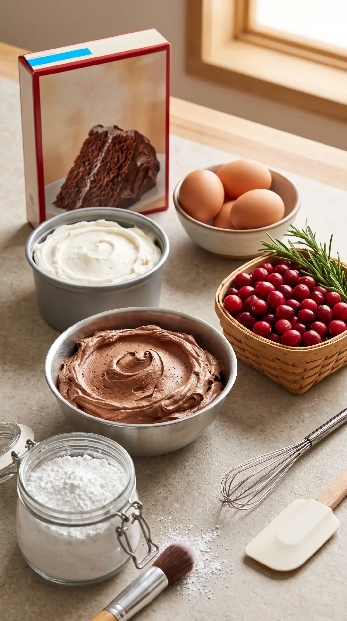 Ingredients arranged for a cake mix yule log recipe with chocolate cake mix and toppings