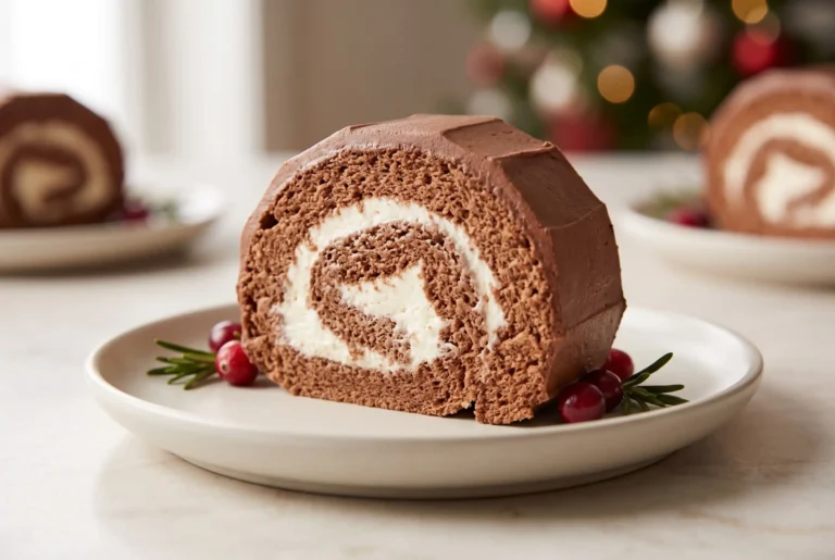 Cake mix yule log slice with whipped chocolate coating and festive cranberry garnish