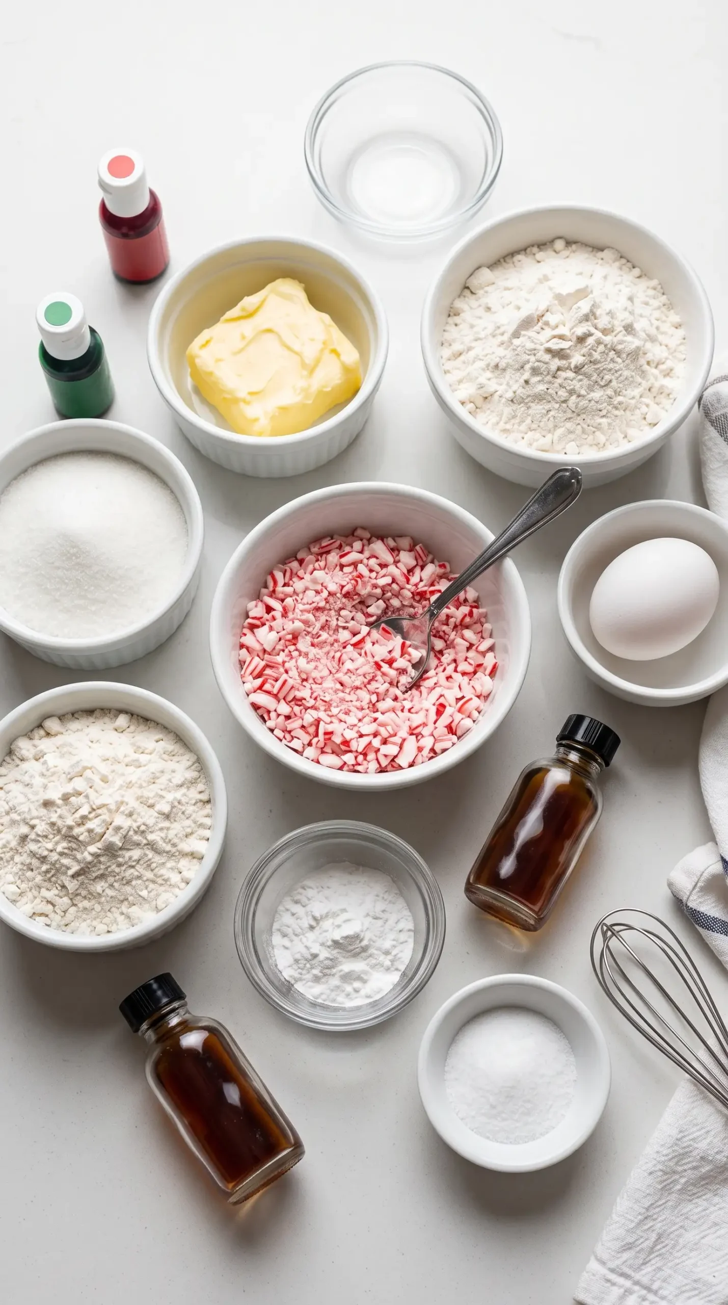 Ingredients for peppermint cookie dough with crushed candy canes in bowls
