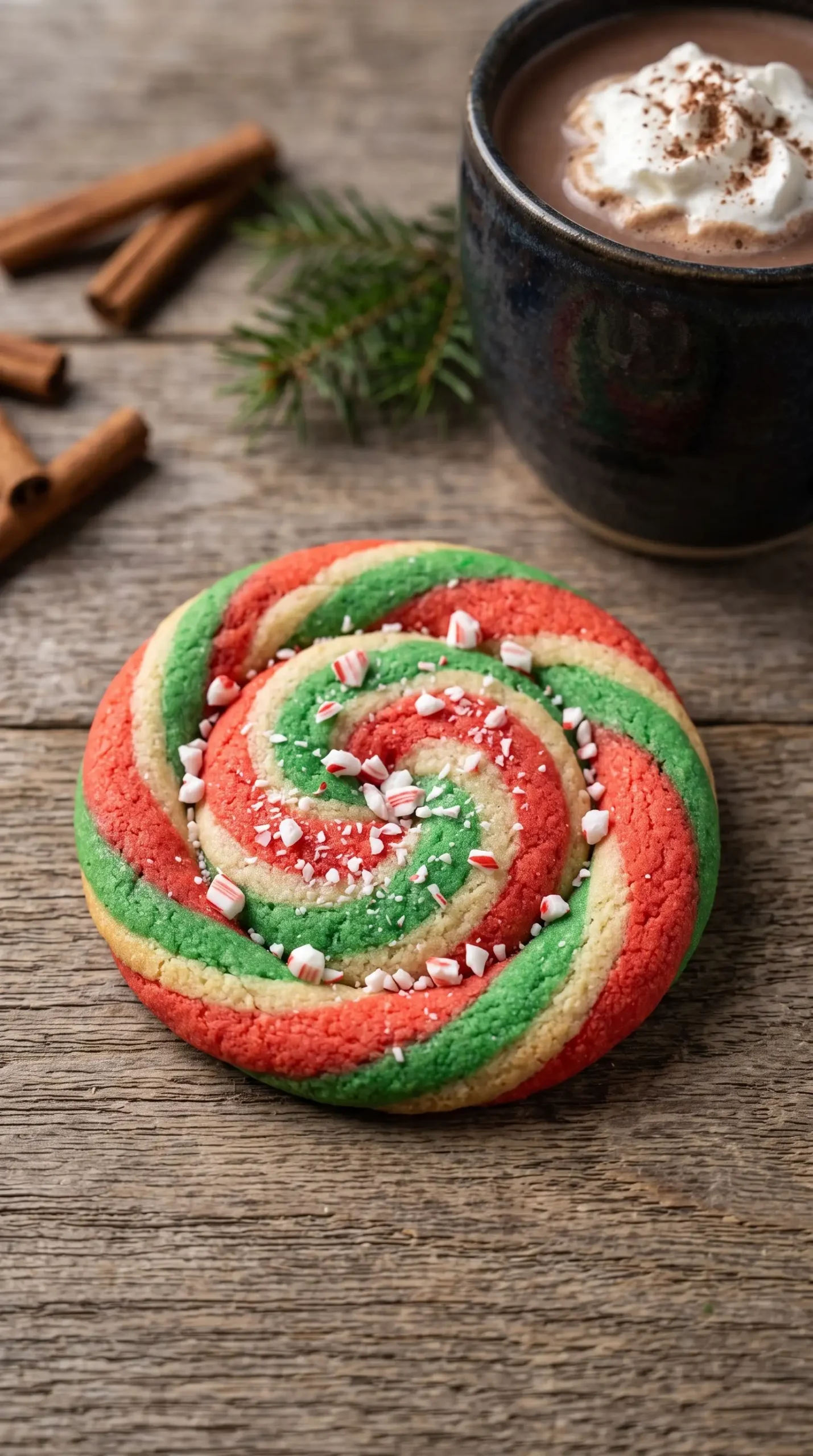Candy cane cookie with crushed peppermint pieces beside a mug of hot cocoa