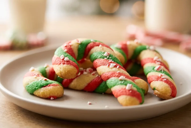 Candy cane cookies with red and green swirls and crushed peppermint pieces on a ceramic plate