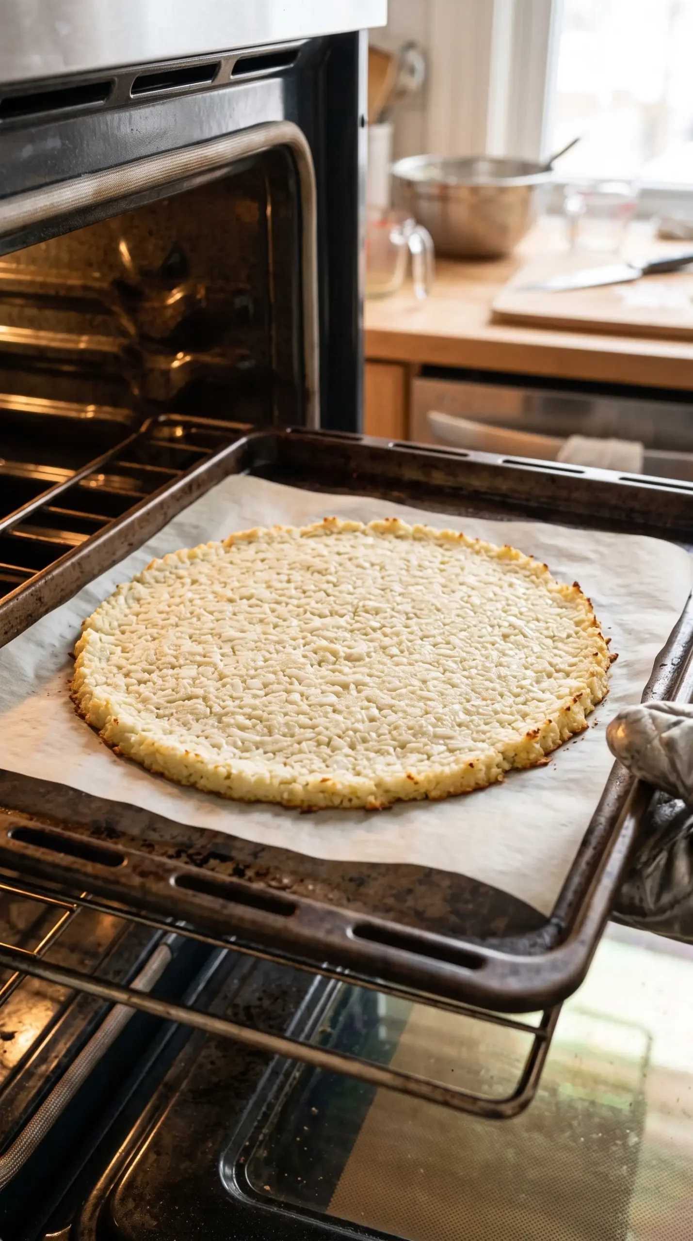 Cauliflower pizza crust mixture spread on parchment before baking