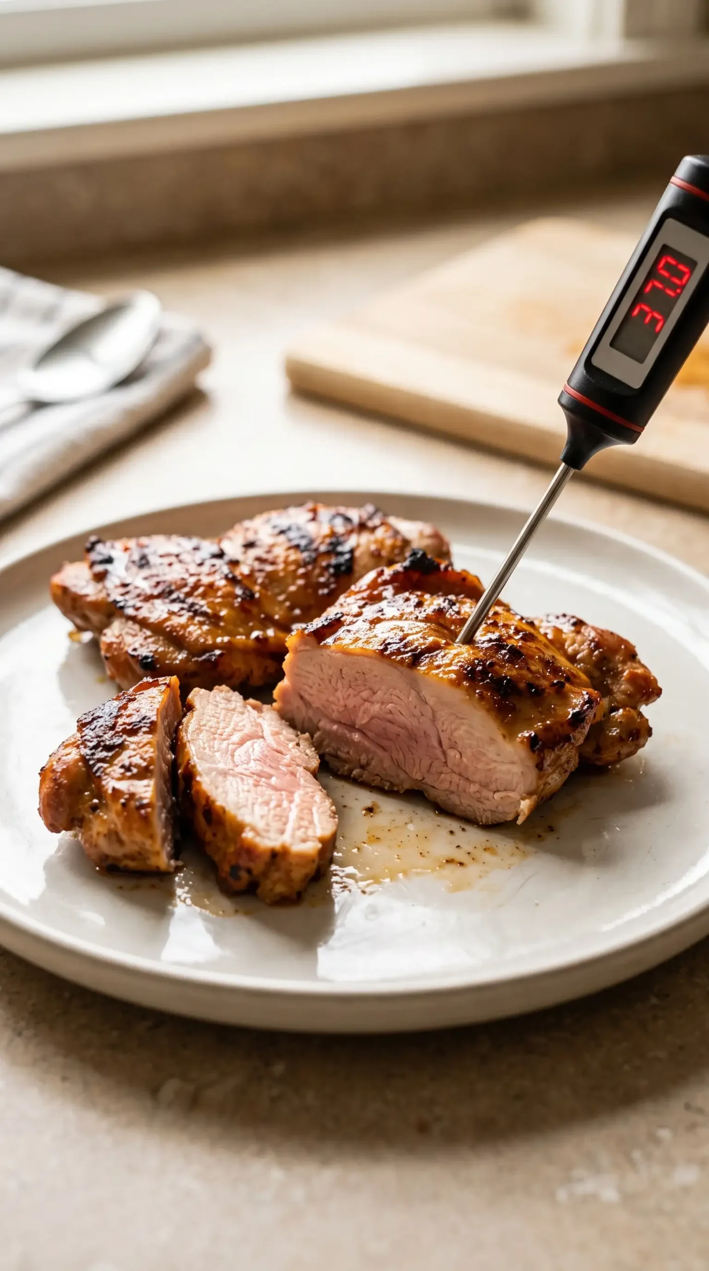 Cooked chipotle chicken thighs checked with a meat thermometer