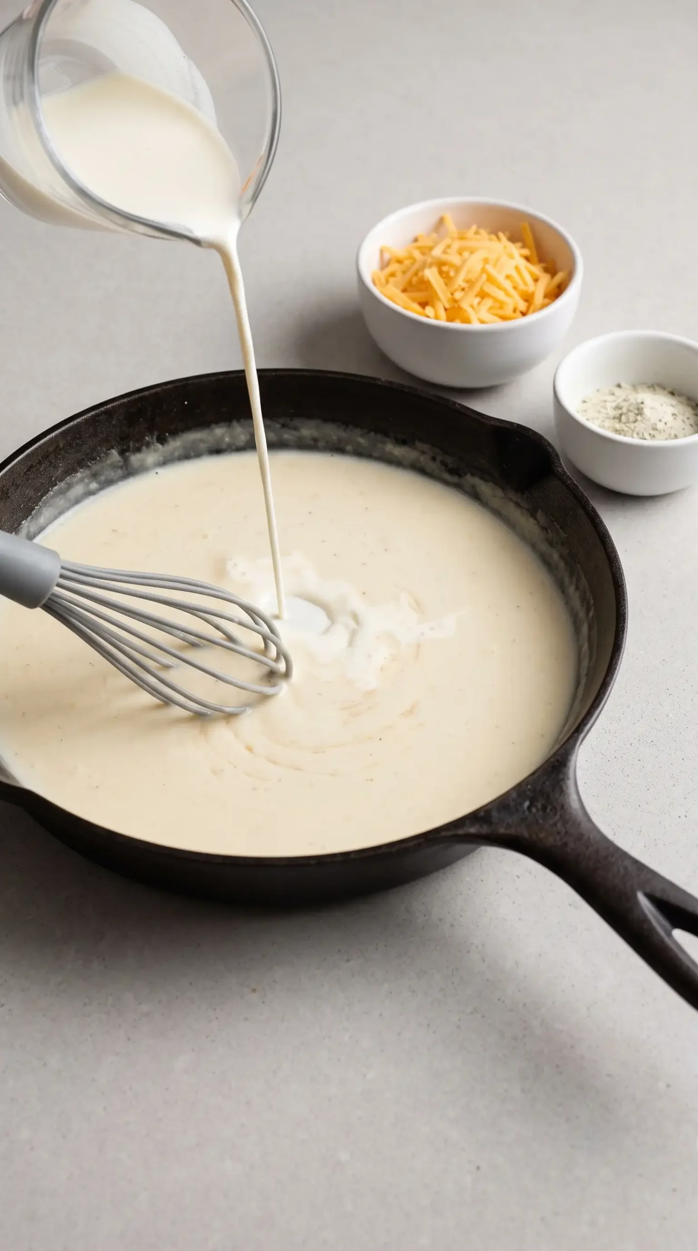 Creamy cheddar ranch sauce being prepared in a skillet with whisk and ingredients nearby