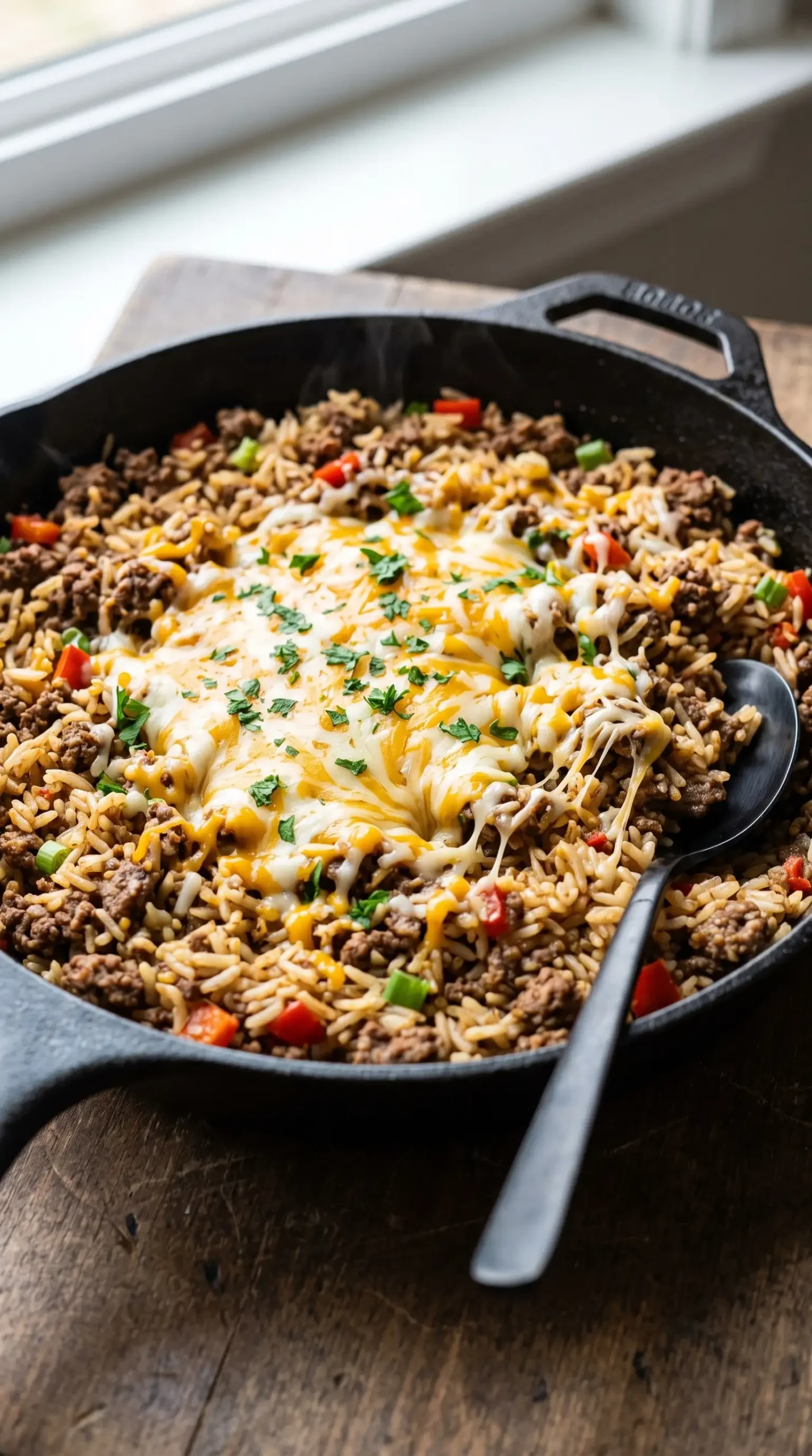 Finished ground beef and rice skillet with melted cheese and fresh herb garnish