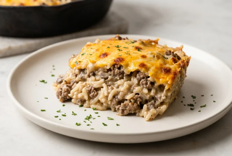 Cheesy hamburger rice casserole with ground beef, mushroom sauce, tender rice, and melted cheddar