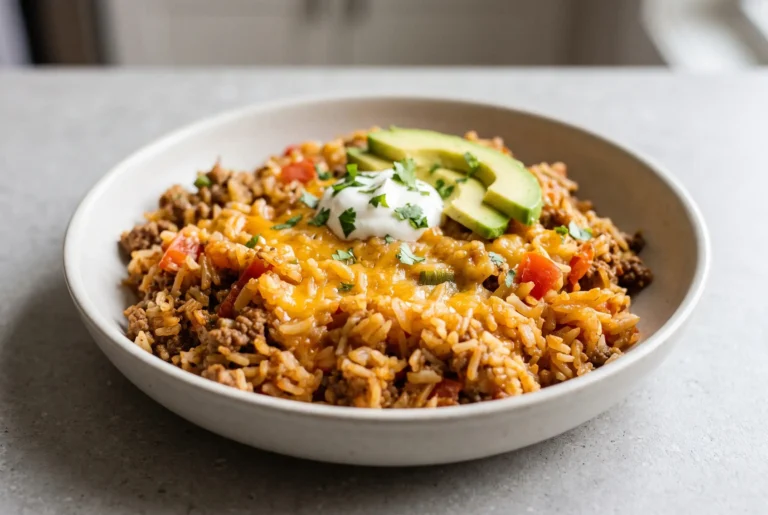 Cheesy taco rice skillet with beef, tomatoes, melted cheese, and taco toppings