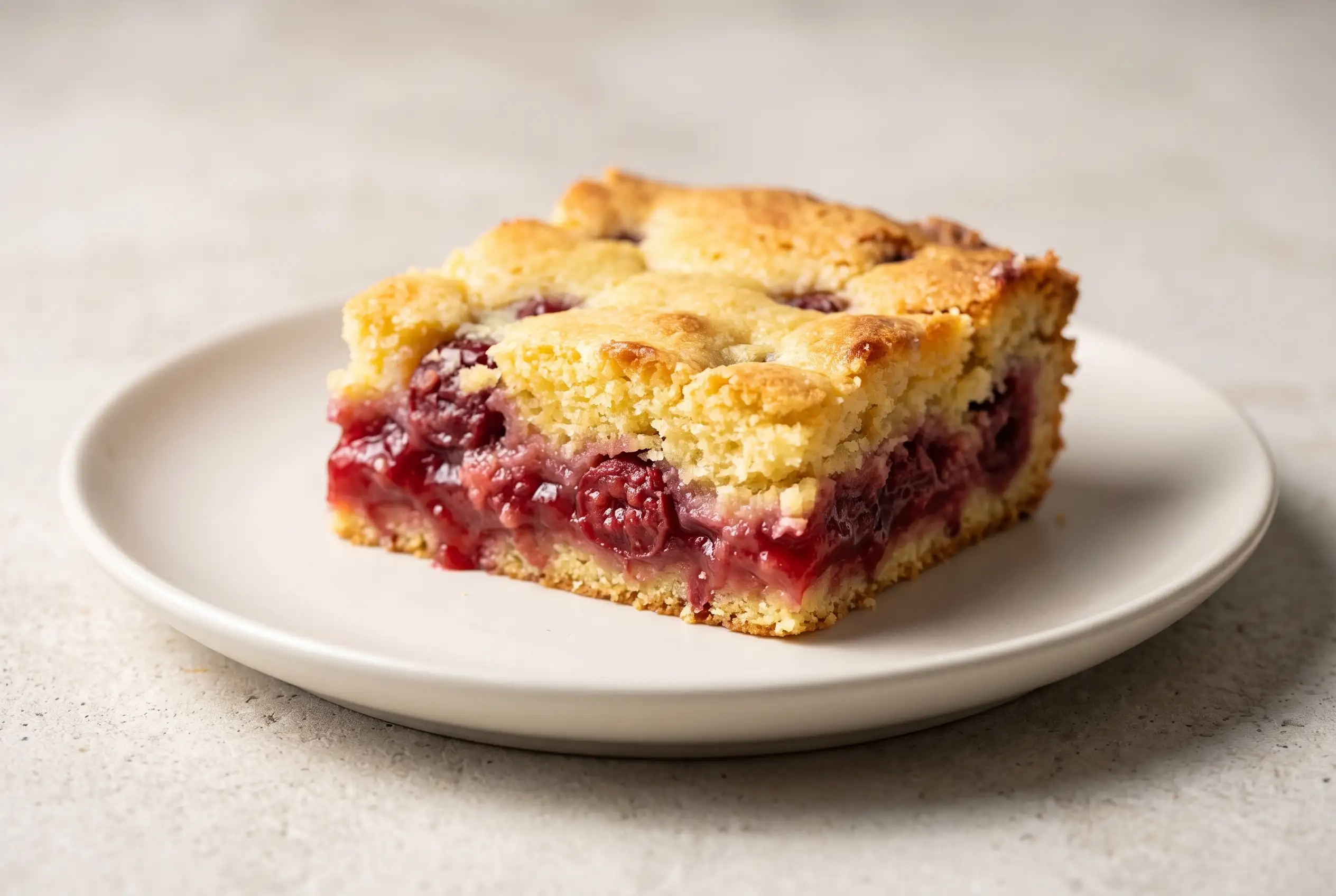 Cherry Dump Cake Slice Slice of cherry dump cake with cherry filling and golden cake mix topping
