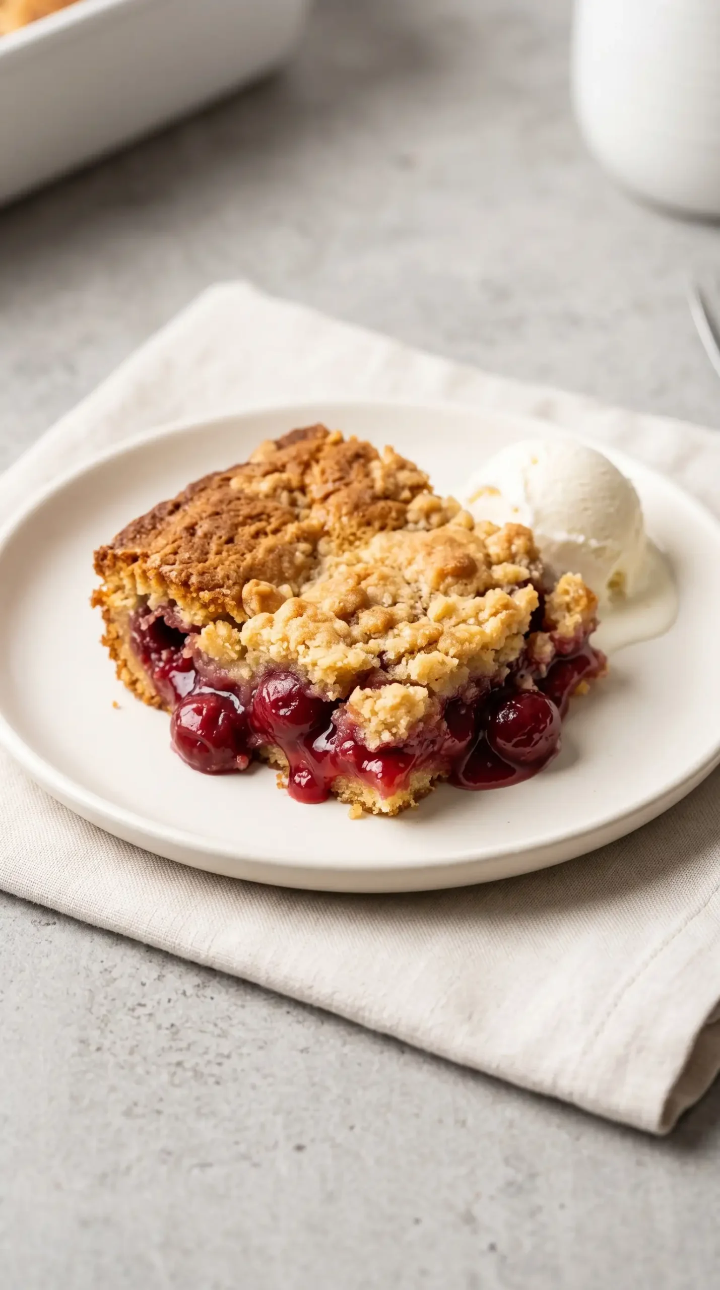 Warm cherry dump cake serving with golden topping and vanilla ice cream