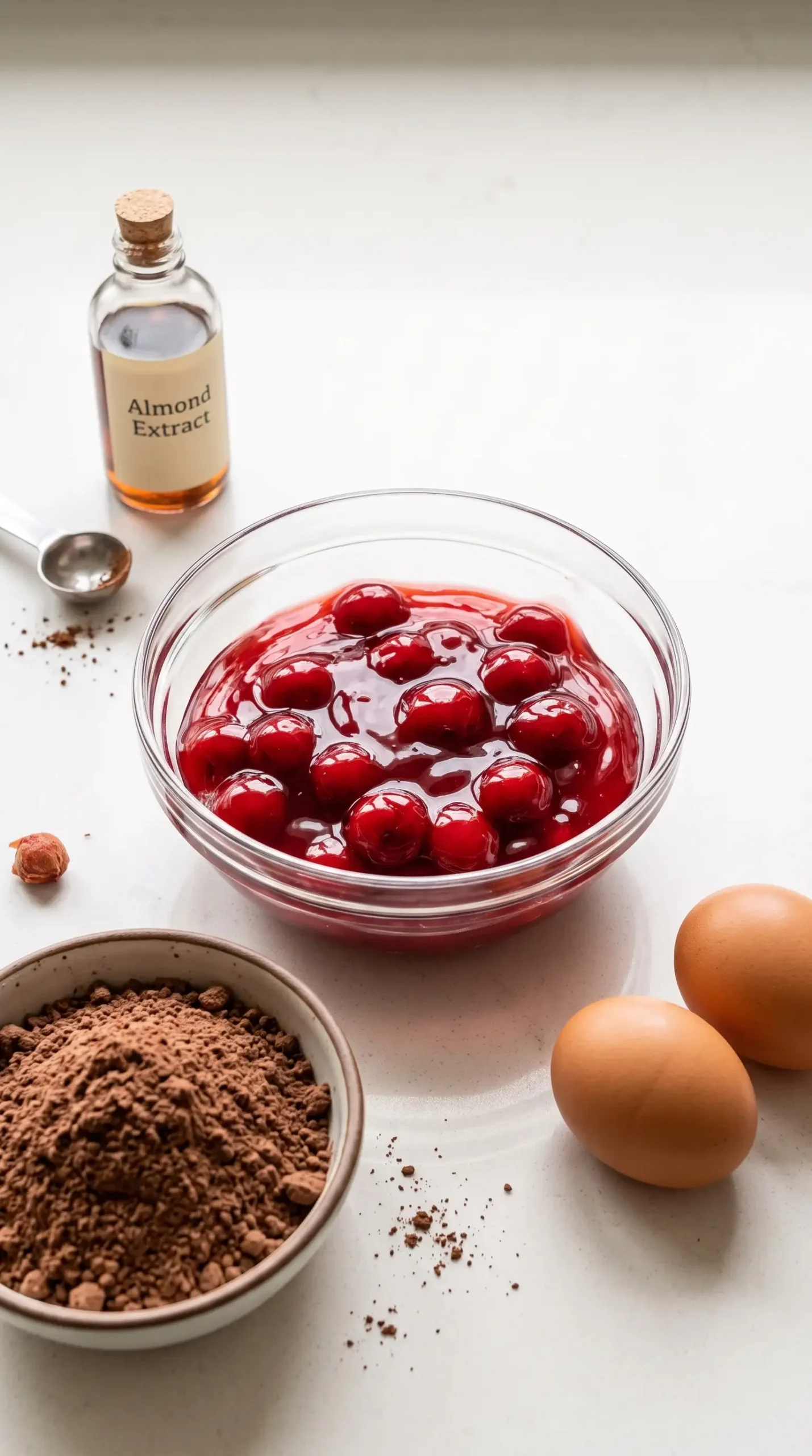 Cherry pie filling and baking ingredients for chocolate cherry fudge cake preparation