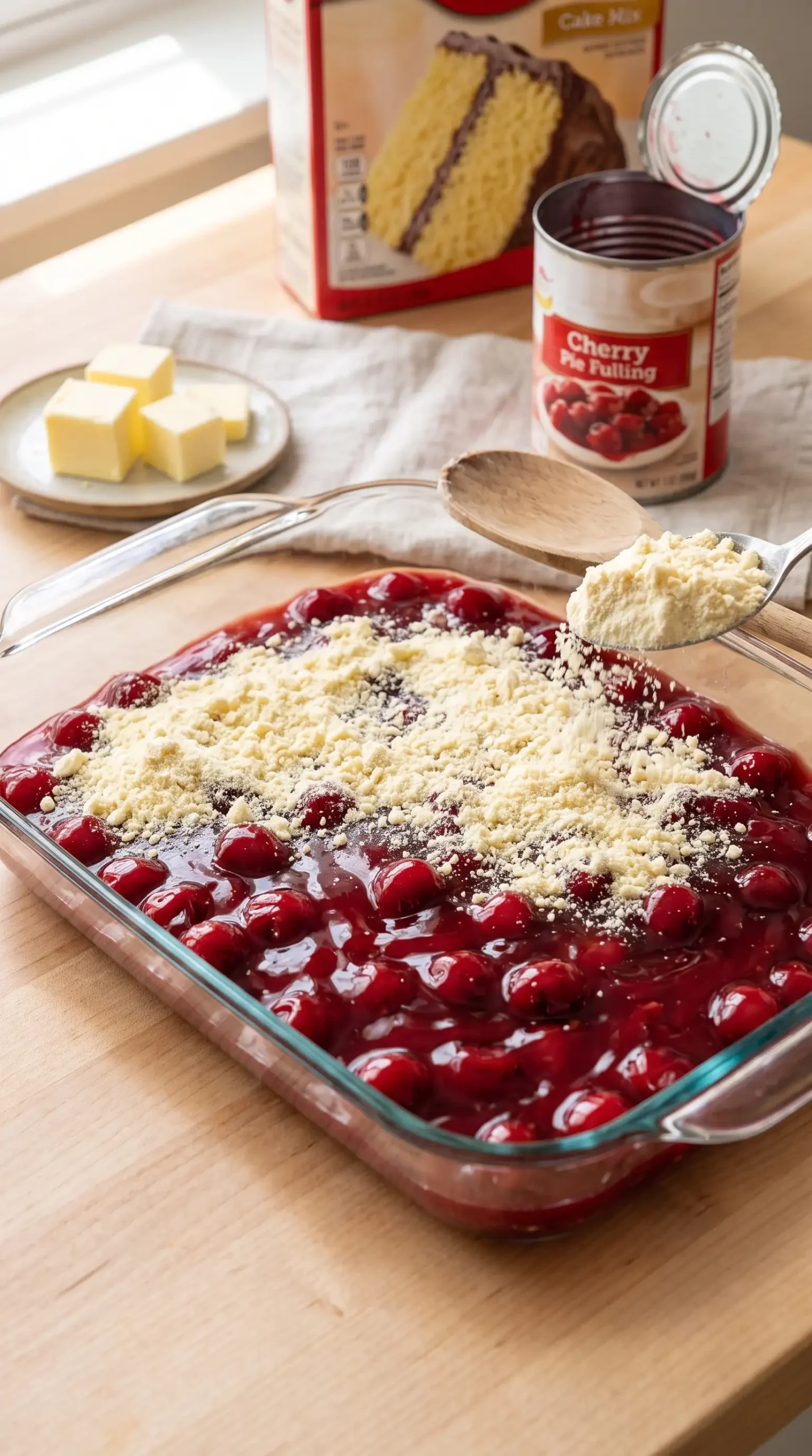 Cherry pie filling topped with yellow cake mix in a baking dish before baking