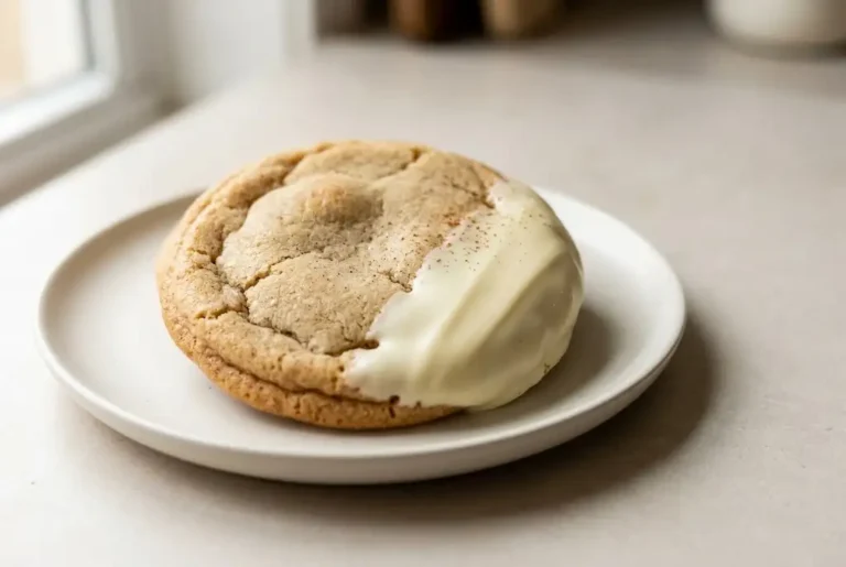 Chewy maple cinnamon cookie dipped in white chocolate on an off-white ceramic plate
