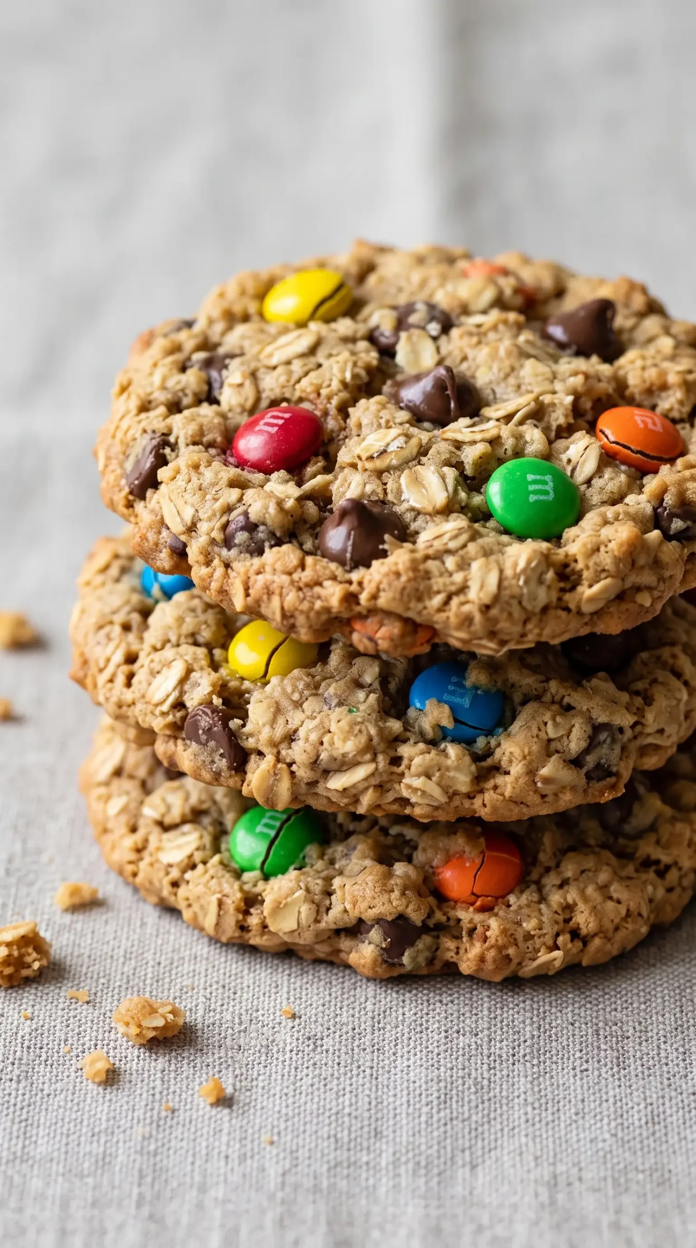 Professional food photography close-up of the finished Monster Cookies Peanut Butter Oatmeal Cookies with M&M'S, featuring one primary subject: a small stack of thick chewy cookies with lightly browned edges, tender centers, visible rolled oats, chocolate chips, and colorful M&M's throughout. Show the cookies at room temperature on a simple neutral surface with a few crumbs for realism, emphasizing their sturdy homemade texture and loaded appearance. Keep the composition focused on the cookies only, with minimal background elements, natural soft lighting, realistic bakery-style editorial photography.