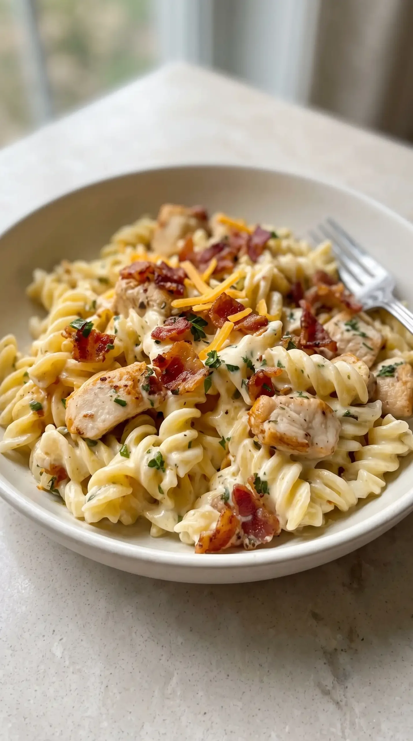 Chicken bacon ranch pasta served with creamy cheddar sauce, chicken, and crispy bacon
