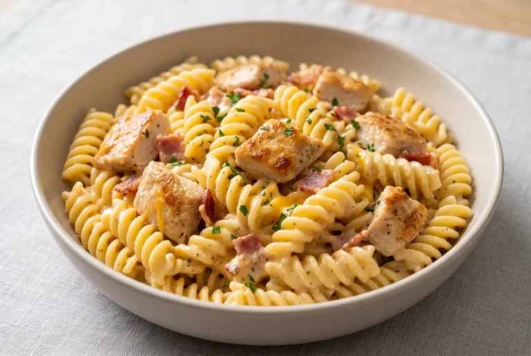 Chicken bacon ranch pasta with cheddar sauce, chicken pieces, and bacon in a creamy skillet meal