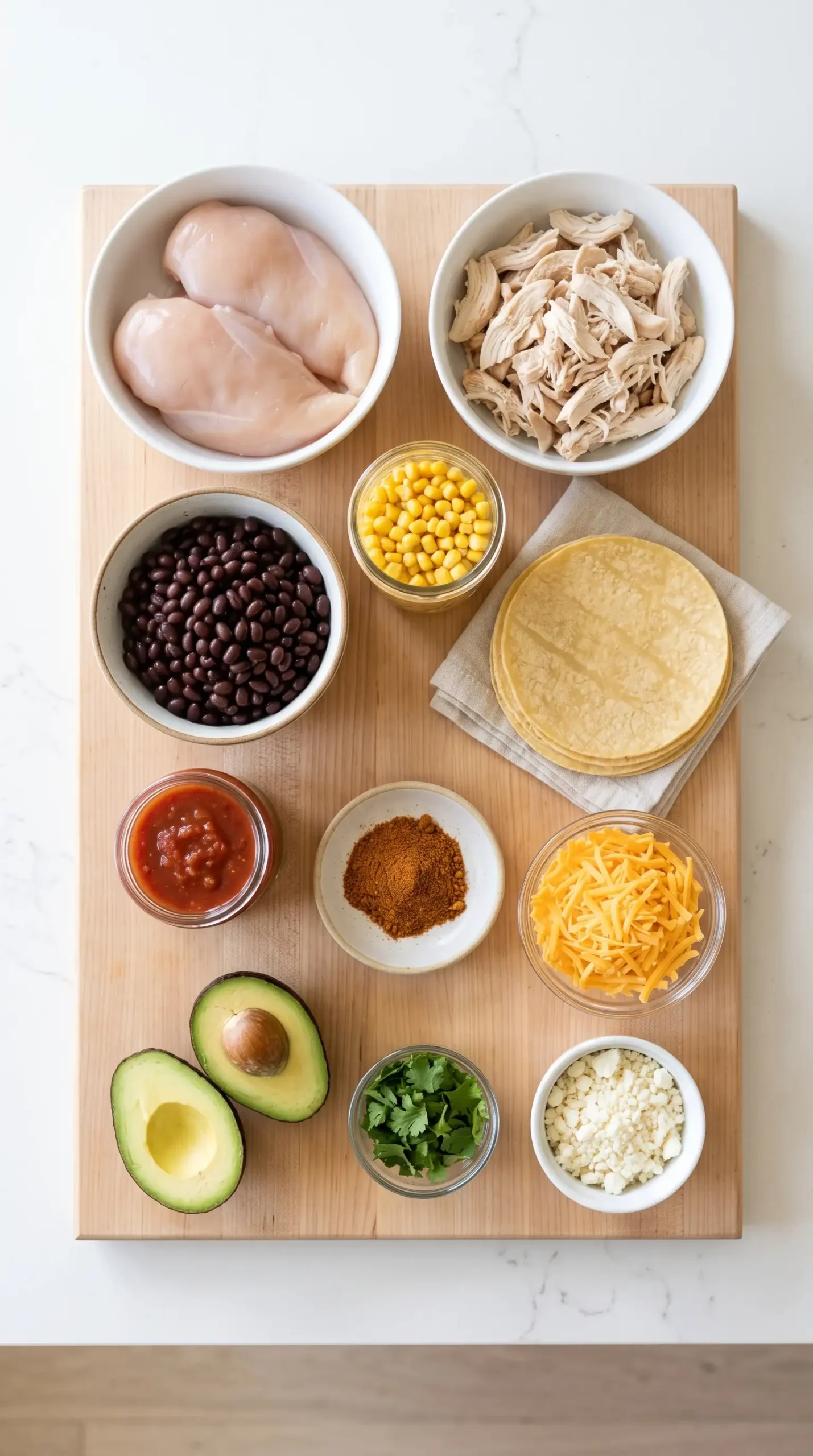 Ingredients for skinny chicken enchiladas with chicken, black beans, corn, tortillas, and cheese