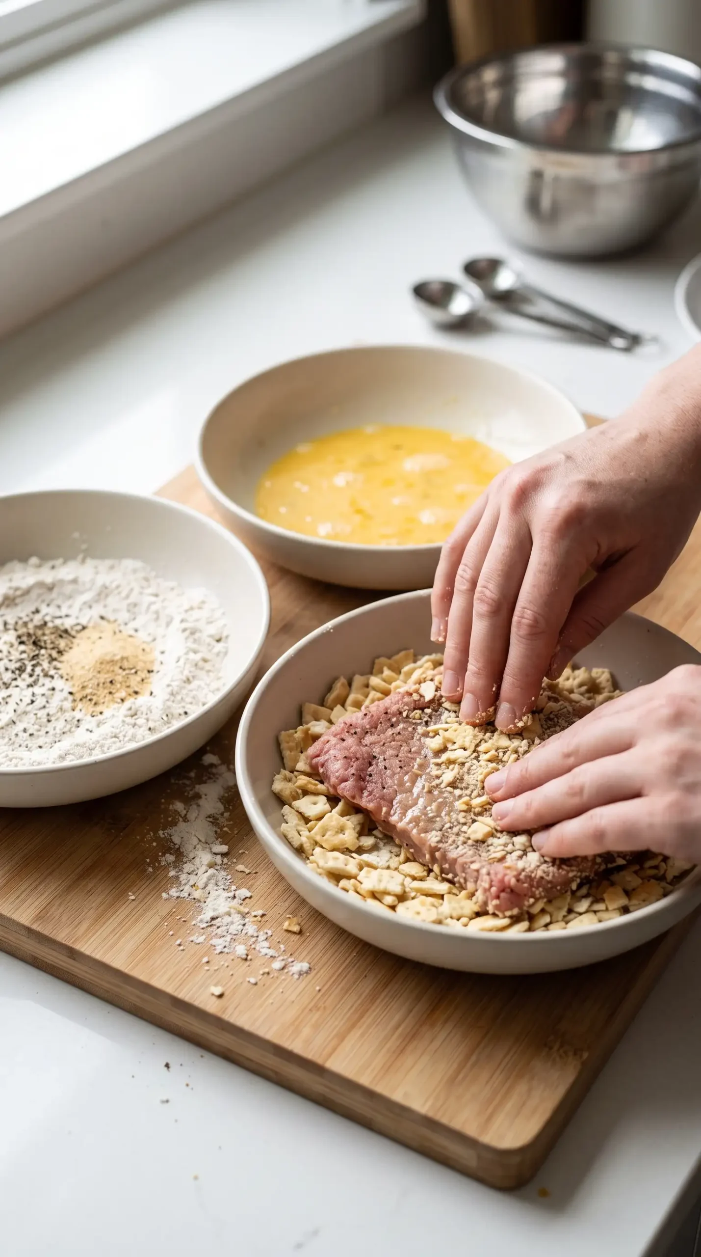 Cube steak coated through flour, egg wash, and cracker layers for a crispy chicken fried steak crust