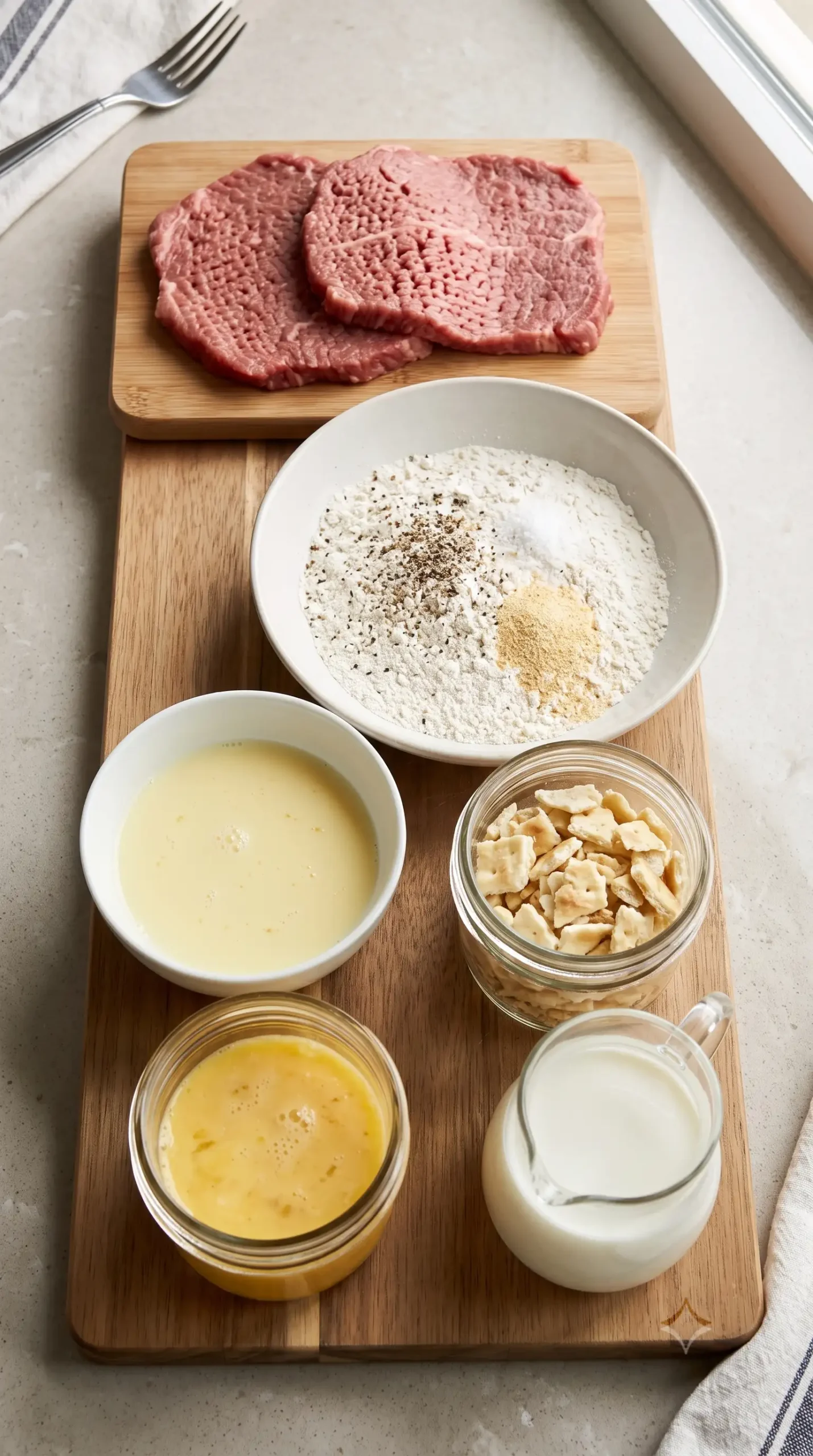 Cube steaks, seasoned flour, egg wash, crackers, and milk for chicken fried steak preparation