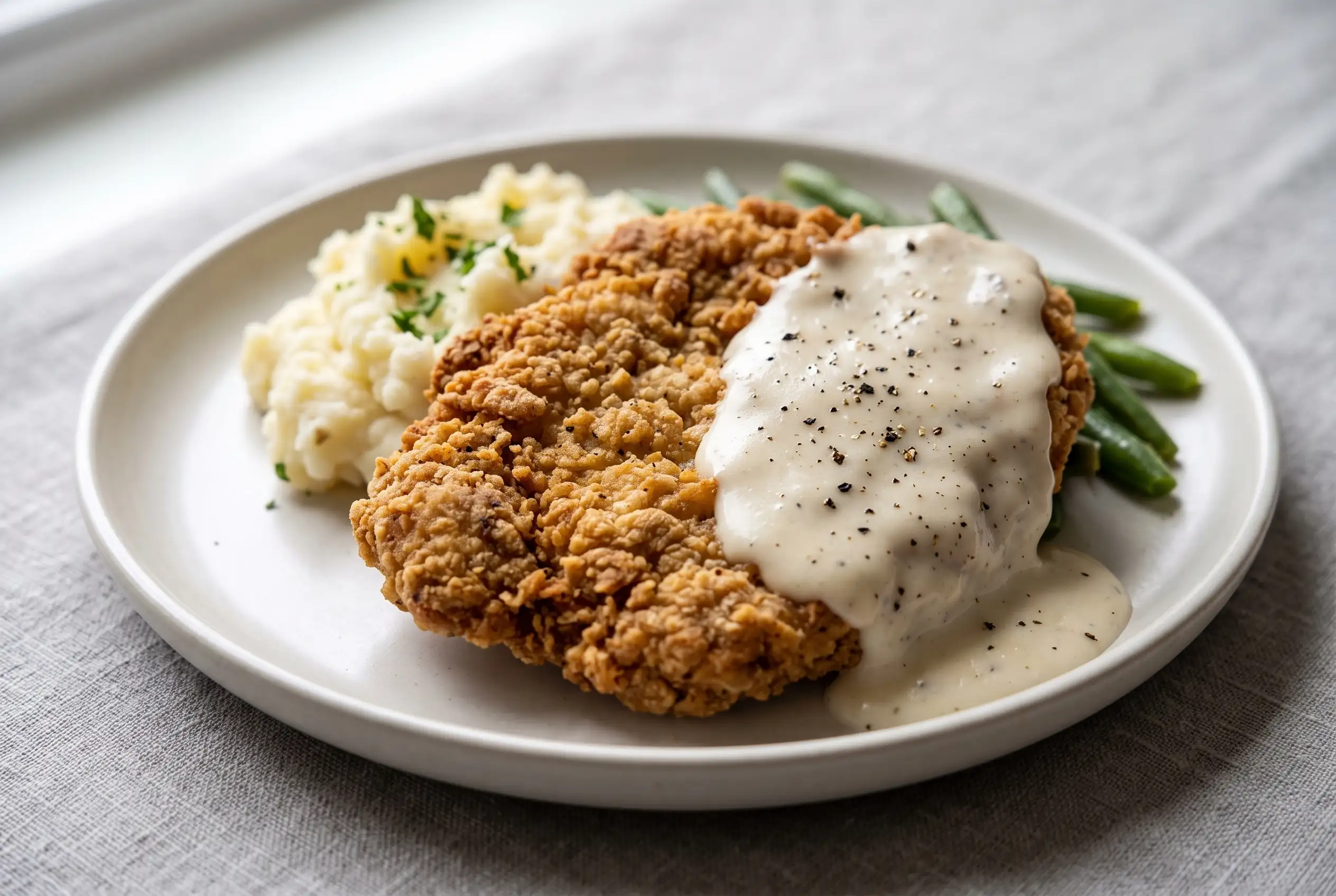 Chicken fried steak recipe with crispy breaded steak, white cream gravy, mashed potatoes, and green beans