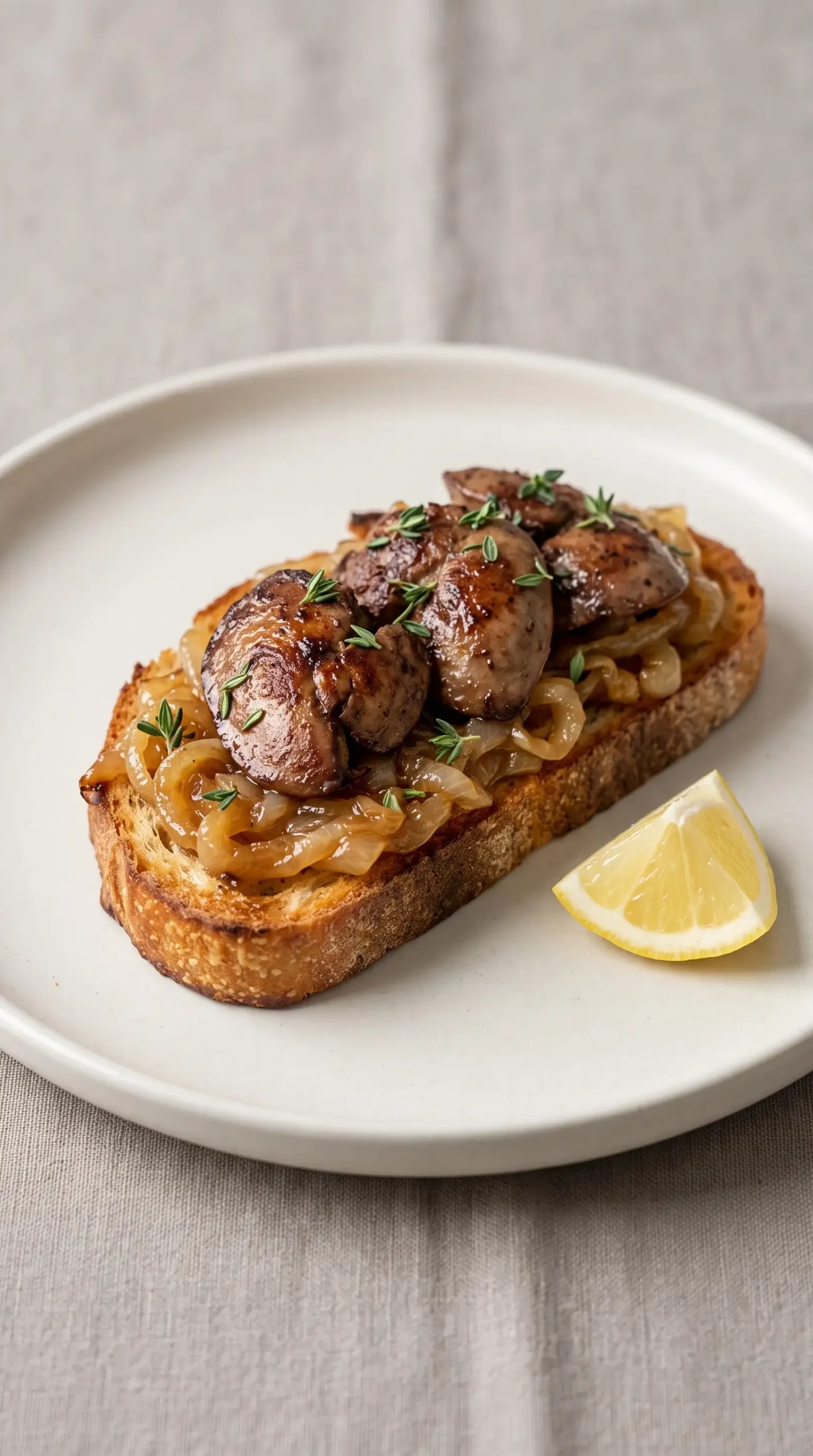 Chicken liver crostini topped with caramelized onions and fresh thyme
