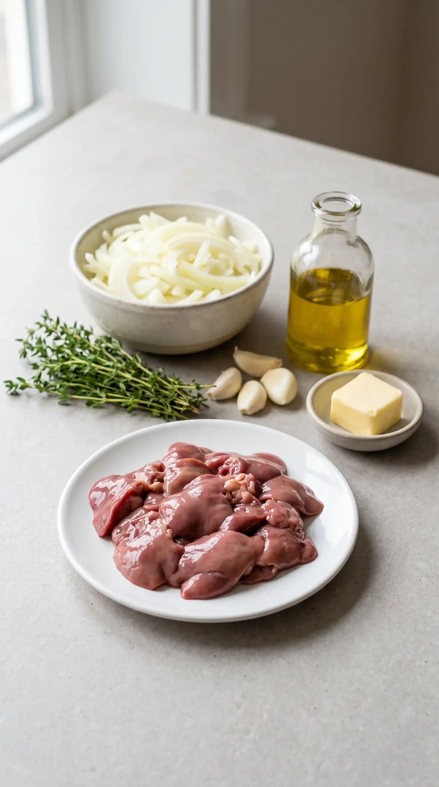 Trimmed chicken livers with onions, garlic, butter, olive oil, and fresh thyme