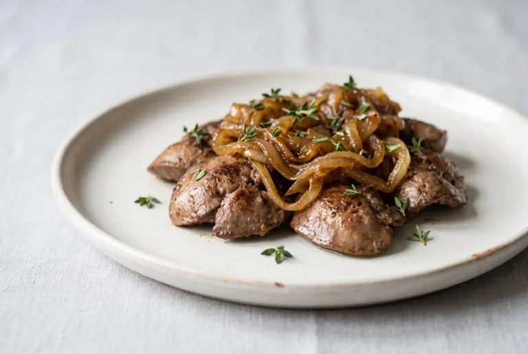 Classic chicken liver with caramelized onions and fresh thyme on a ceramic plate