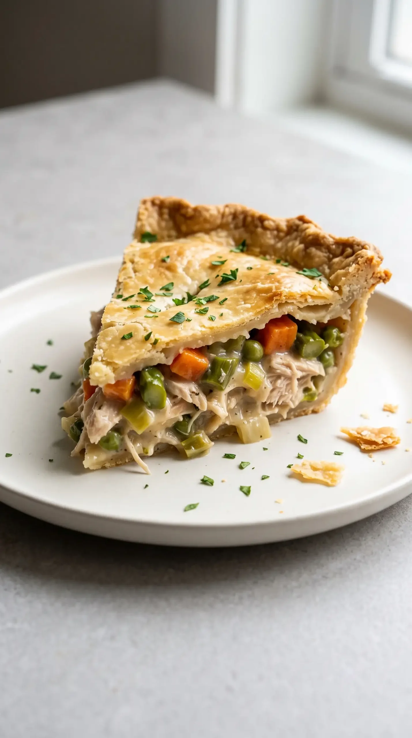 Serving of chicken pot pie showing flaky crust, vegetables, chicken, and garlic gravy filling