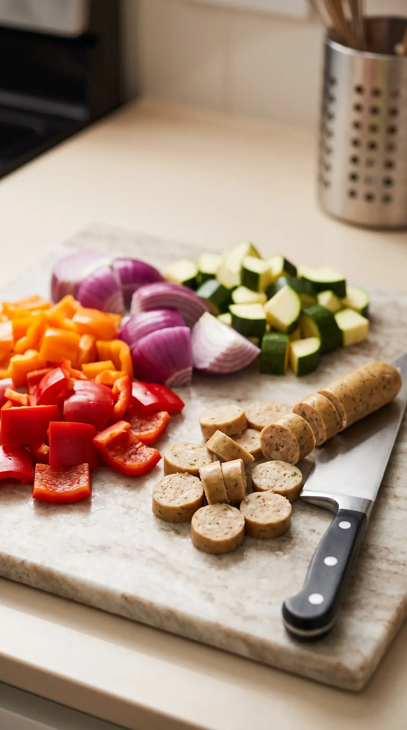Cut chicken sausage rounds with red peppers, orange peppers, onion, and zucchini ready for cooking
