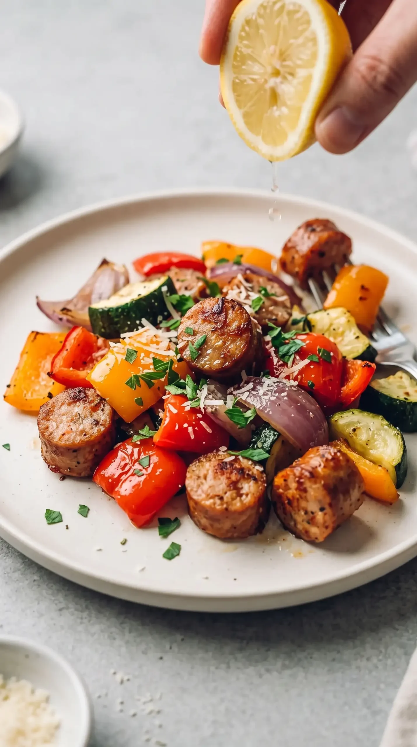 Finished chicken sausage with roasted vegetables topped with lemon, parsley, and Parmesan
