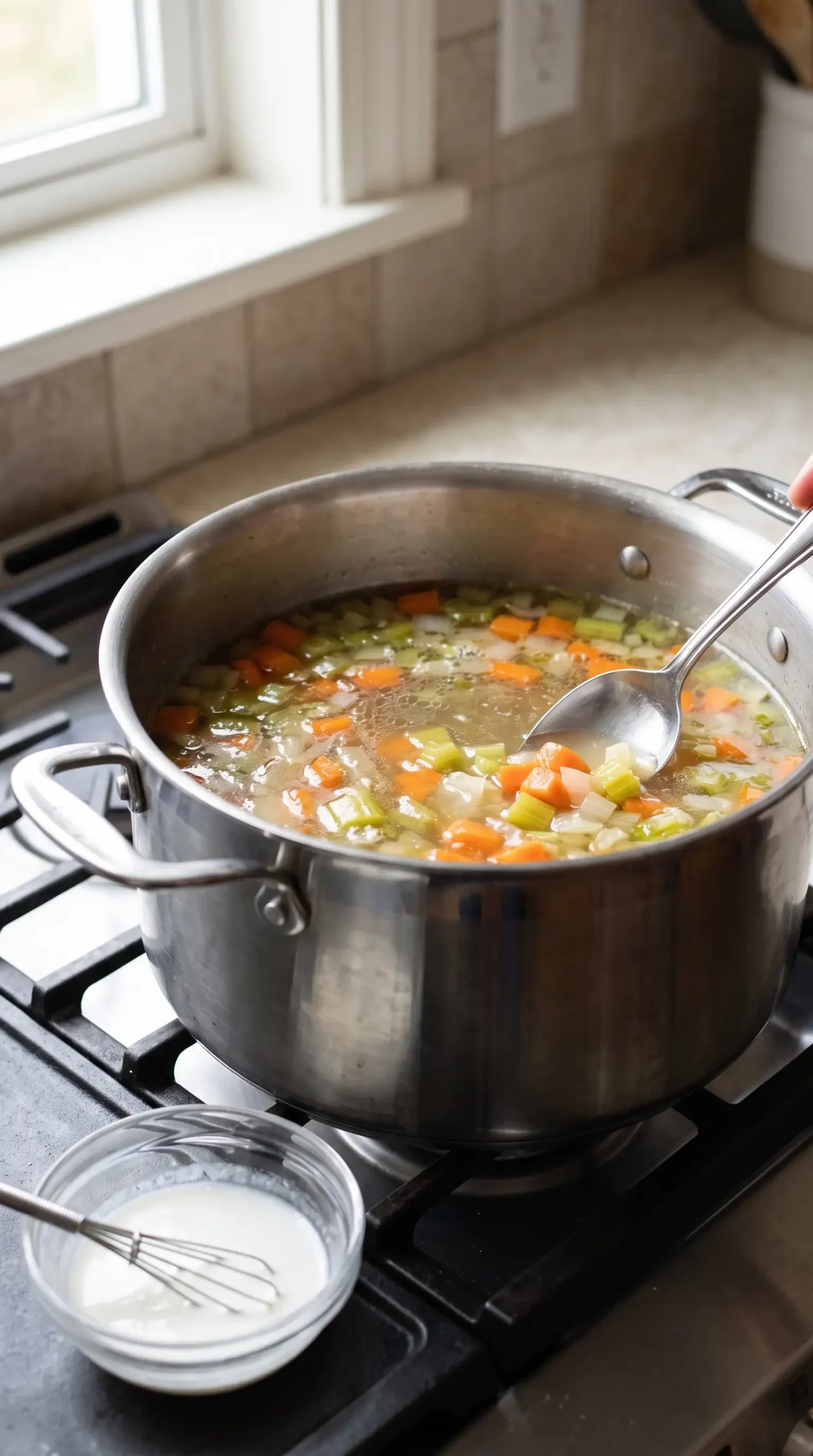 Vegetables simmering in chicken broth with a cornstarch slurry for soup preparation