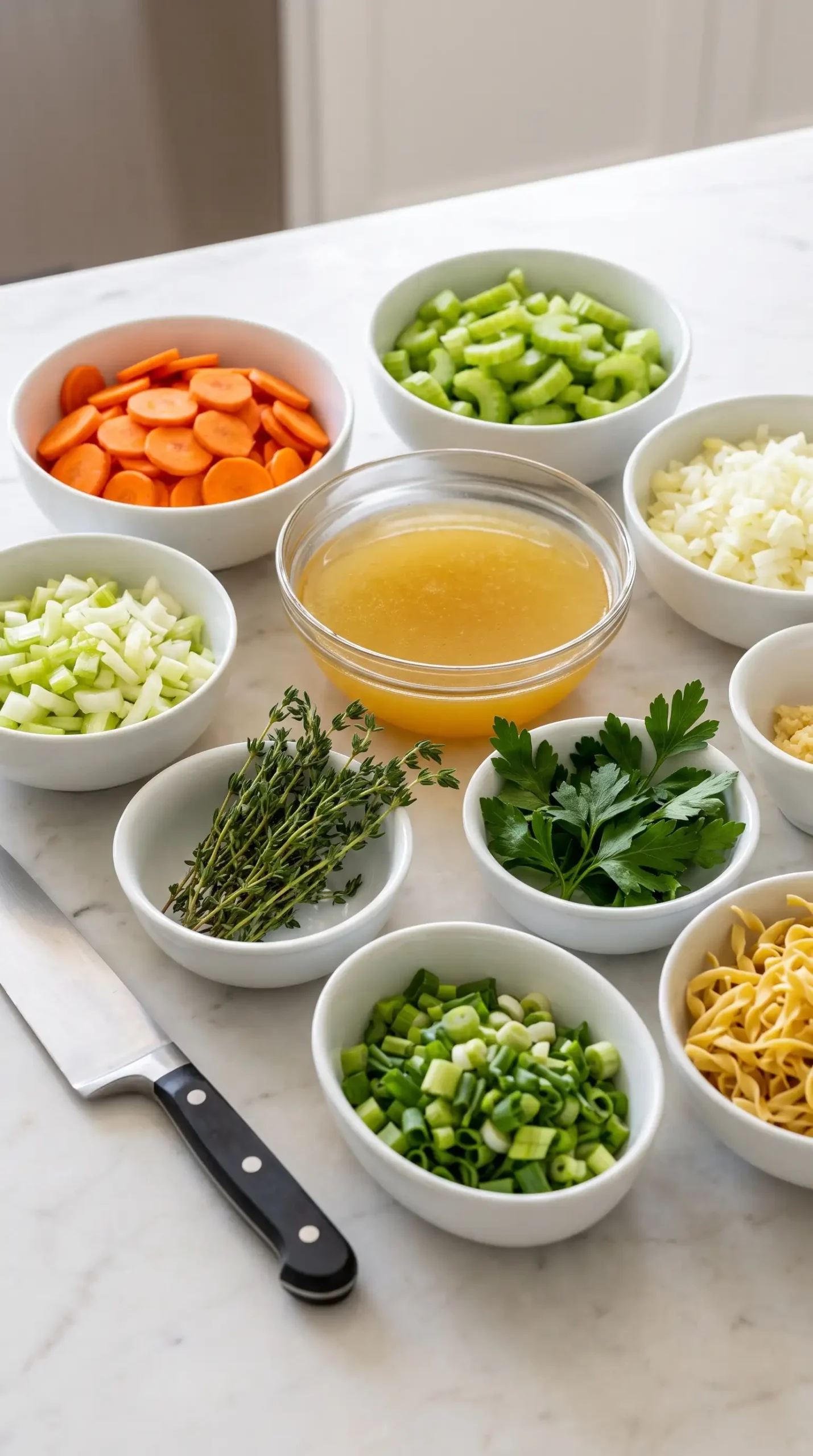 Professional food photography of an organized ingredient preparation scene for chicken soup noodles, showing only the recipe components before cooking on a clean light surface: thinly sliced orange carrots, sliced celery, chopped yellow onion, a bowl of chicken broth, fresh thyme sprigs, parsley, green onions, and a portion of egg noodles arranged in separate small bowls. Include a chef's knife and simple prep bowls as practical kitchen tools. Focus on fresh ingredient textures, natural colors, realistic home-cooking preparation, soft natural lighting, close-up composition, no finished soup bowl, no decorative styling.
