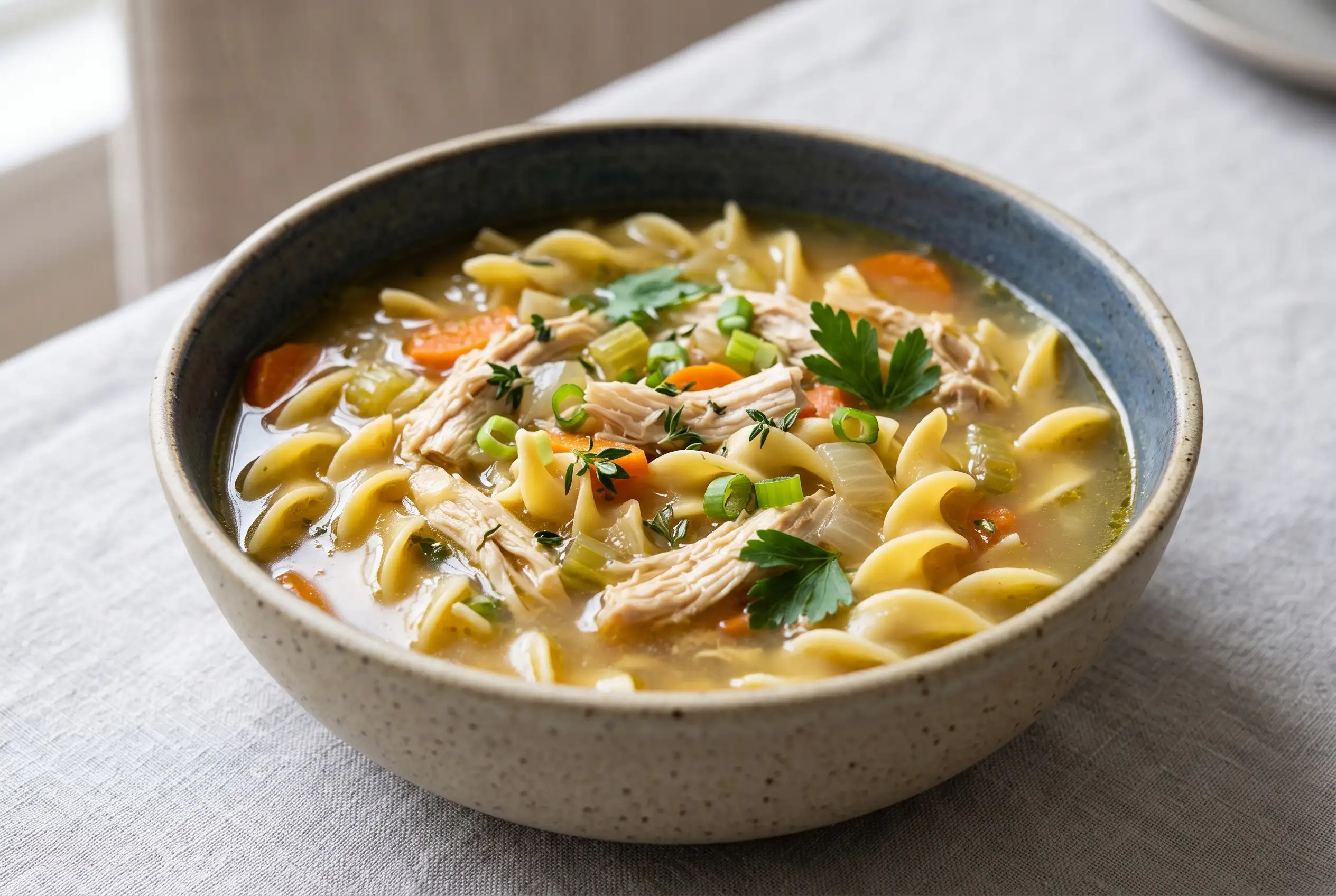 Chicken Soup Noodles Bowl Chicken soup noodles with shredded chicken, egg noodles, vegetables, and golden broth in a bowl