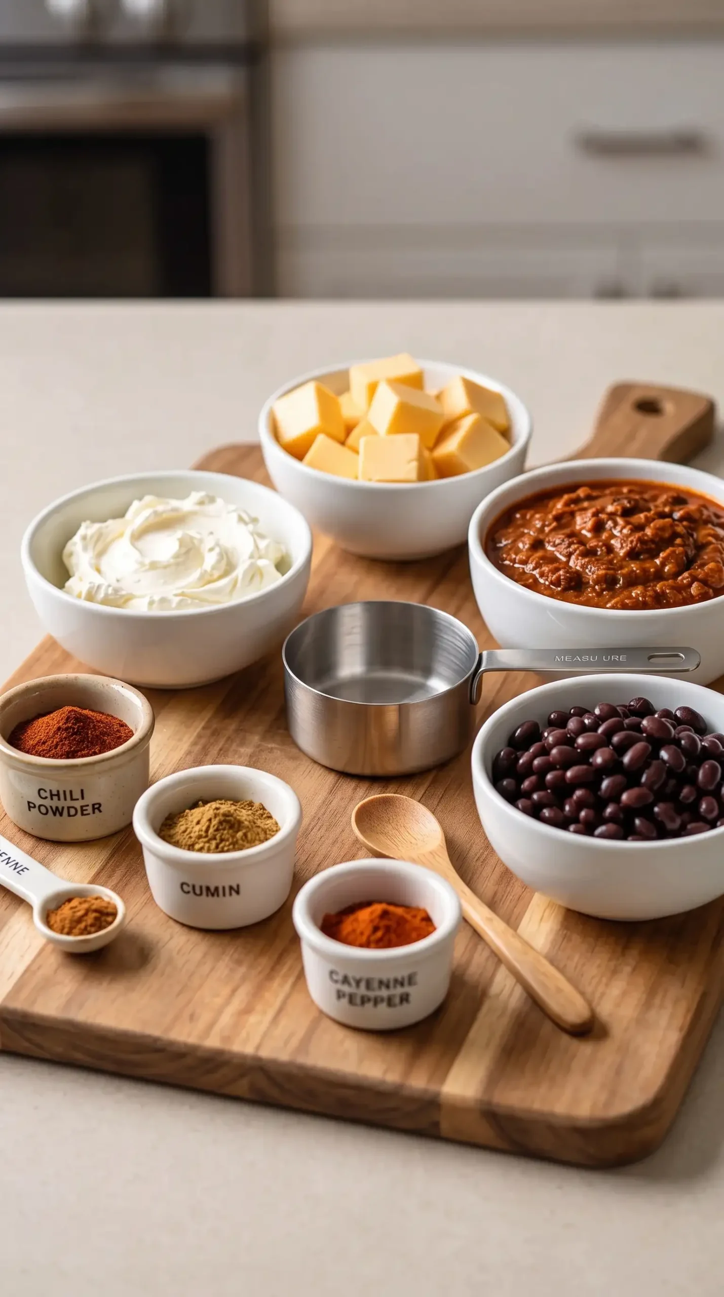 Ingredients for chili cheese black bean dip including cream cheese, Velveeta, chili, and black beans