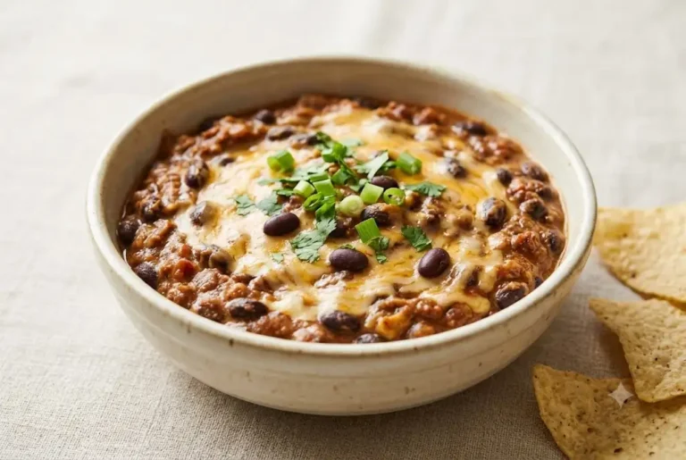 Chili cheese black bean dip with melted cheese, beans, and tortilla chips in a serving bowl