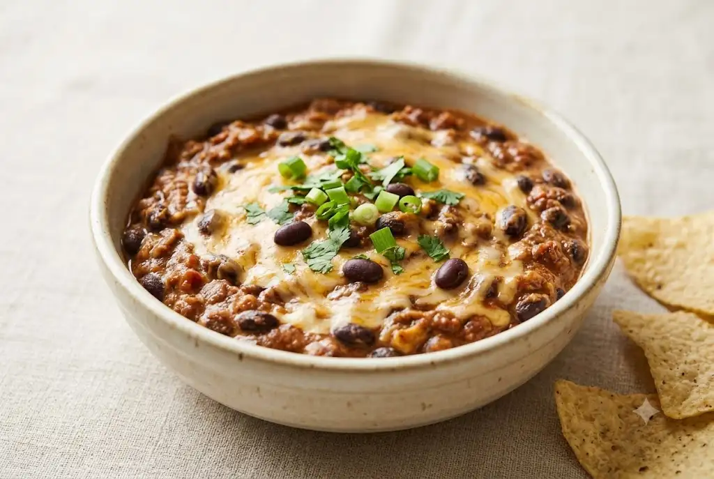 Chili Cheese Black Bean Dip Chili cheese black bean dip with melted cheese, beans, and tortilla chips in a serving bowl