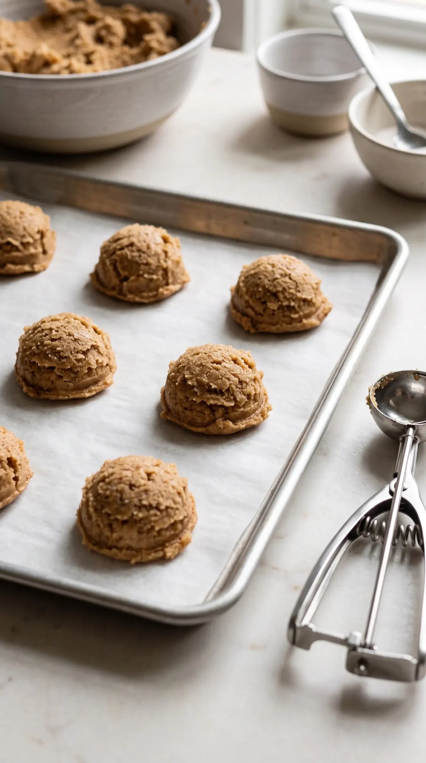 Scoops of chilled maple cinnamon cookie dough spaced on a parchment-lined baking sheet