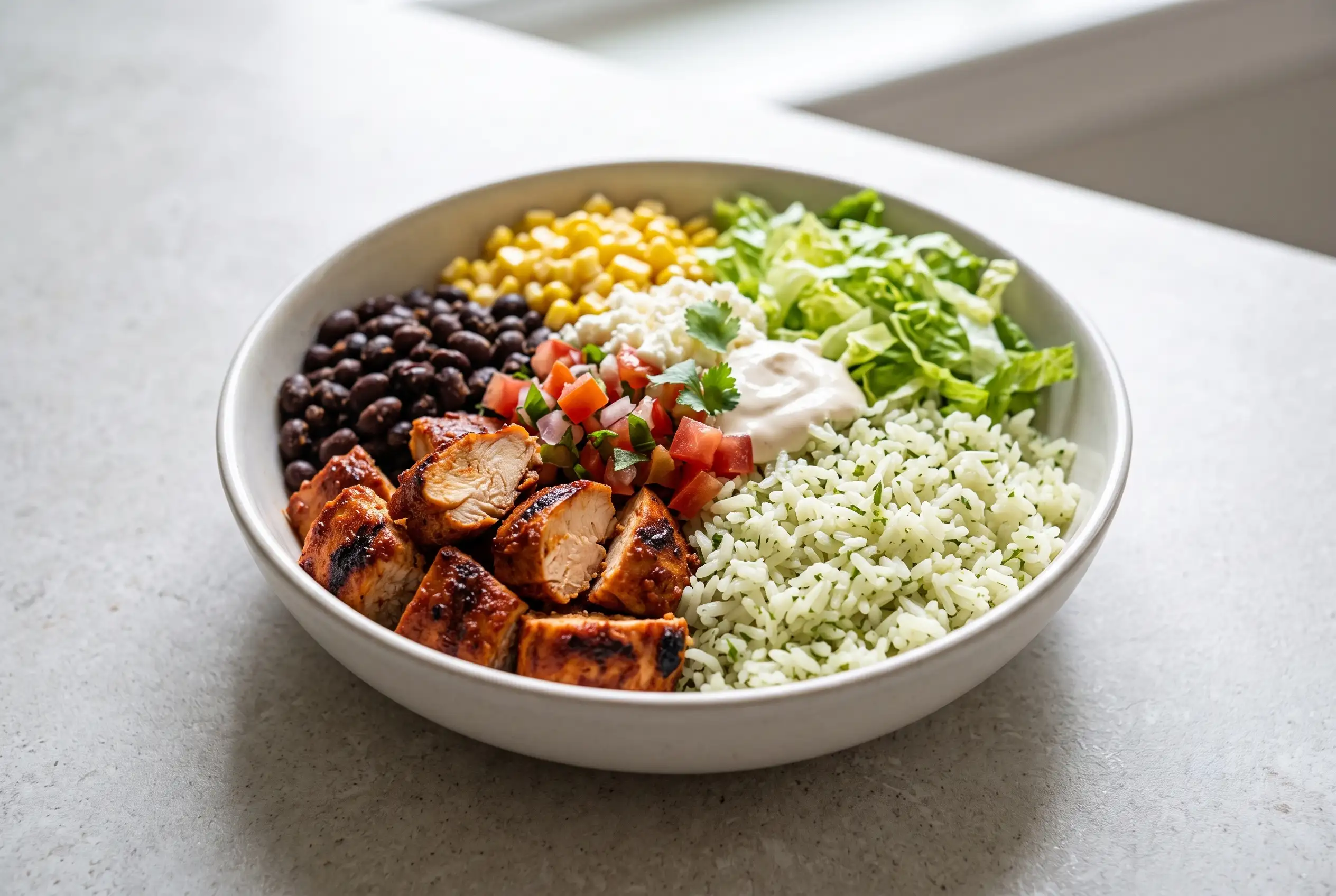 Chipotle Burrito Bowl with Smoky Chicken Chipotle burrito bowl with smoky chicken, rice, beans, salsa, and fresh toppings