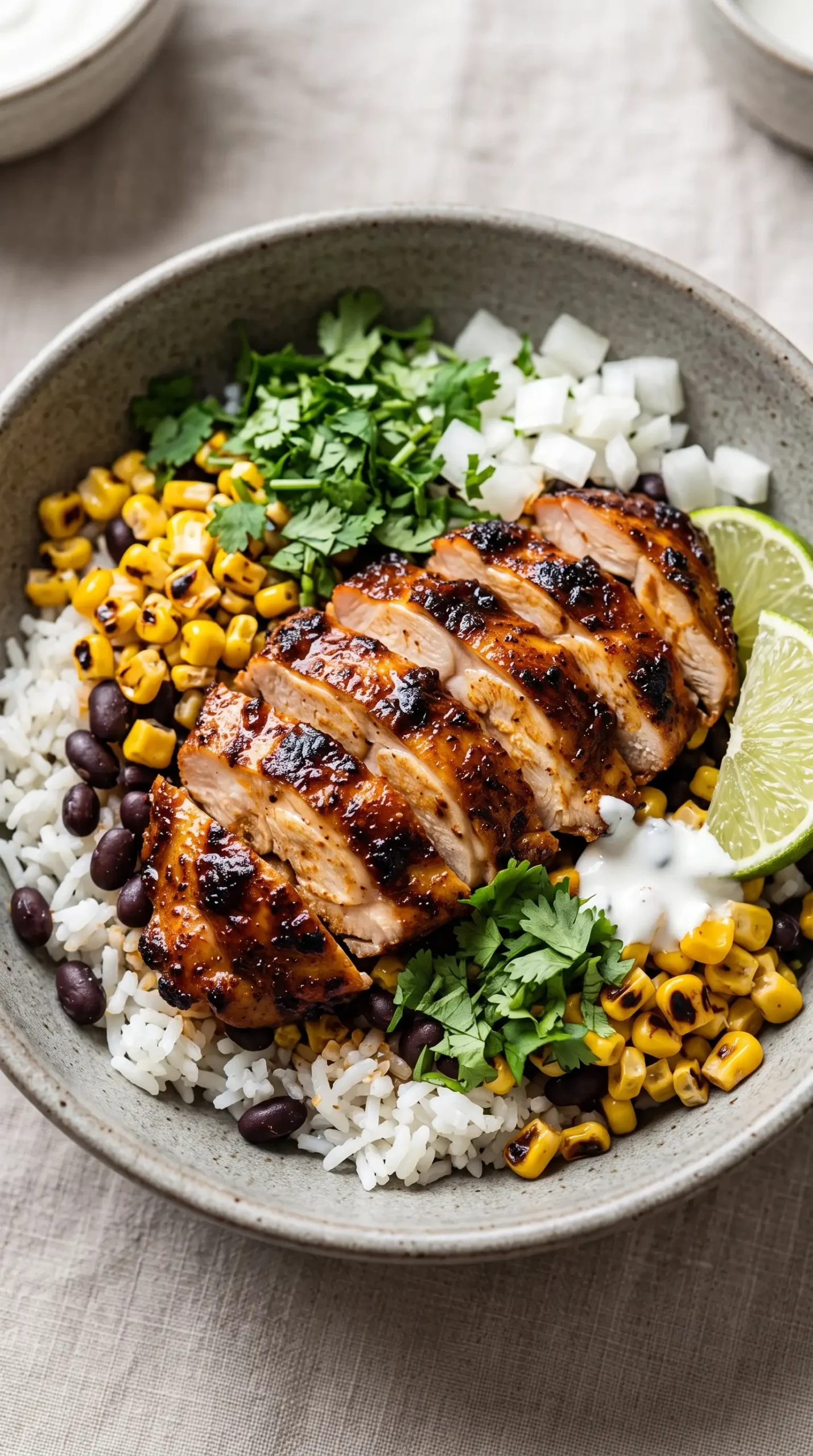 Chipotle chicken thighs served in a rice bowl with beans and toppings