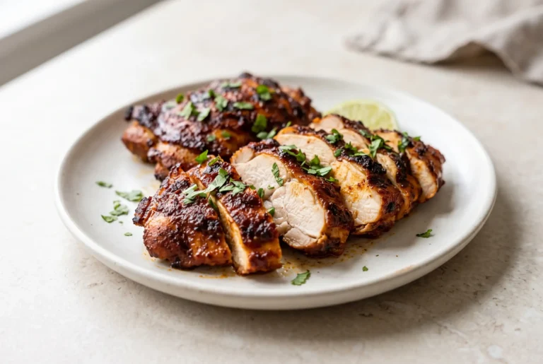 Sliced chipotle chicken thighs with smoky marinade coating and fresh cilantro garnish