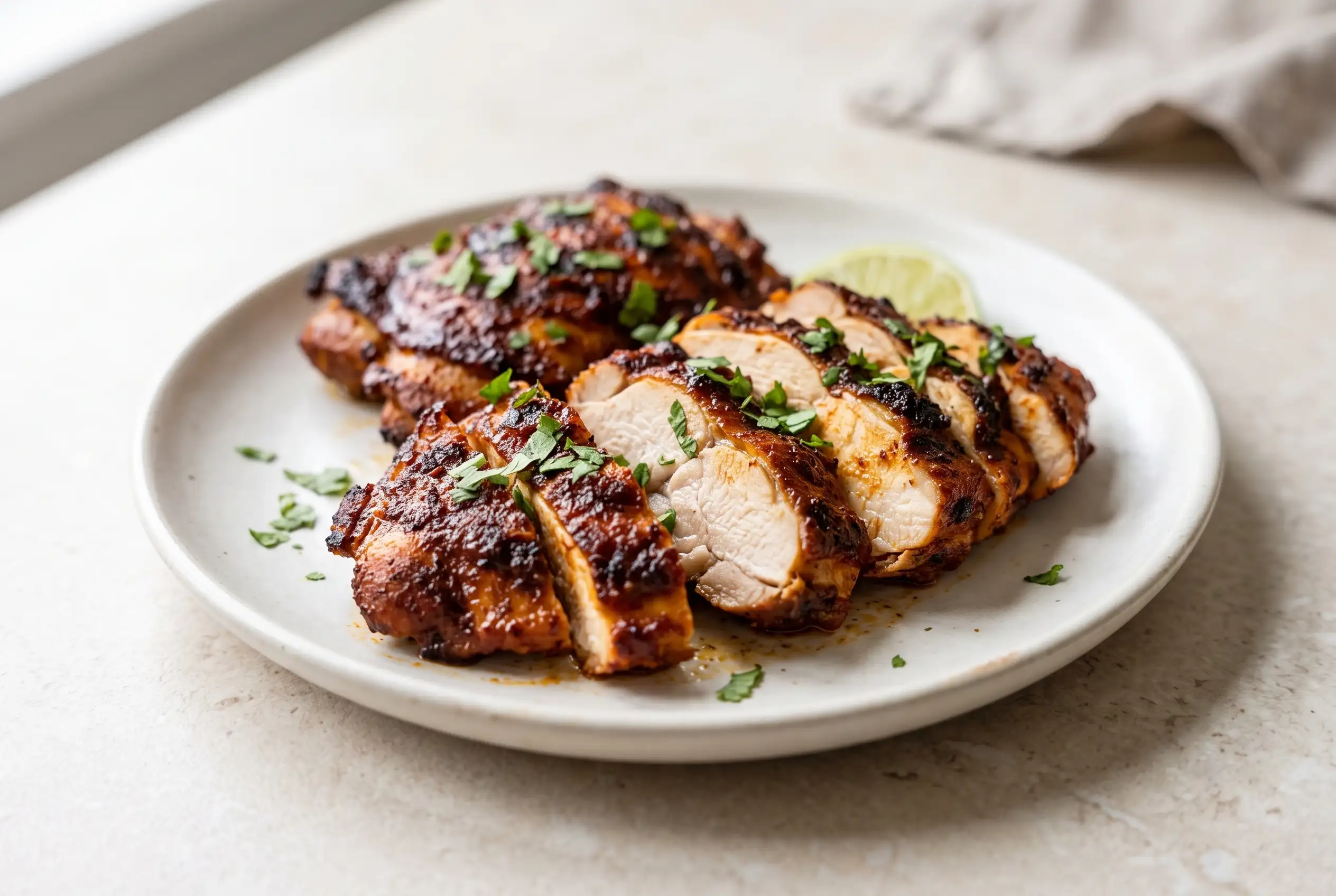 Chipotle Chicken Thighs Sliced chipotle chicken thighs with smoky marinade coating and fresh cilantro garnish