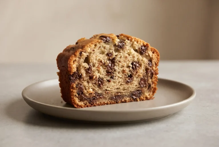 Slice of chocolate chip banana bread with a moist crumb and melted chocolate chips on a plate