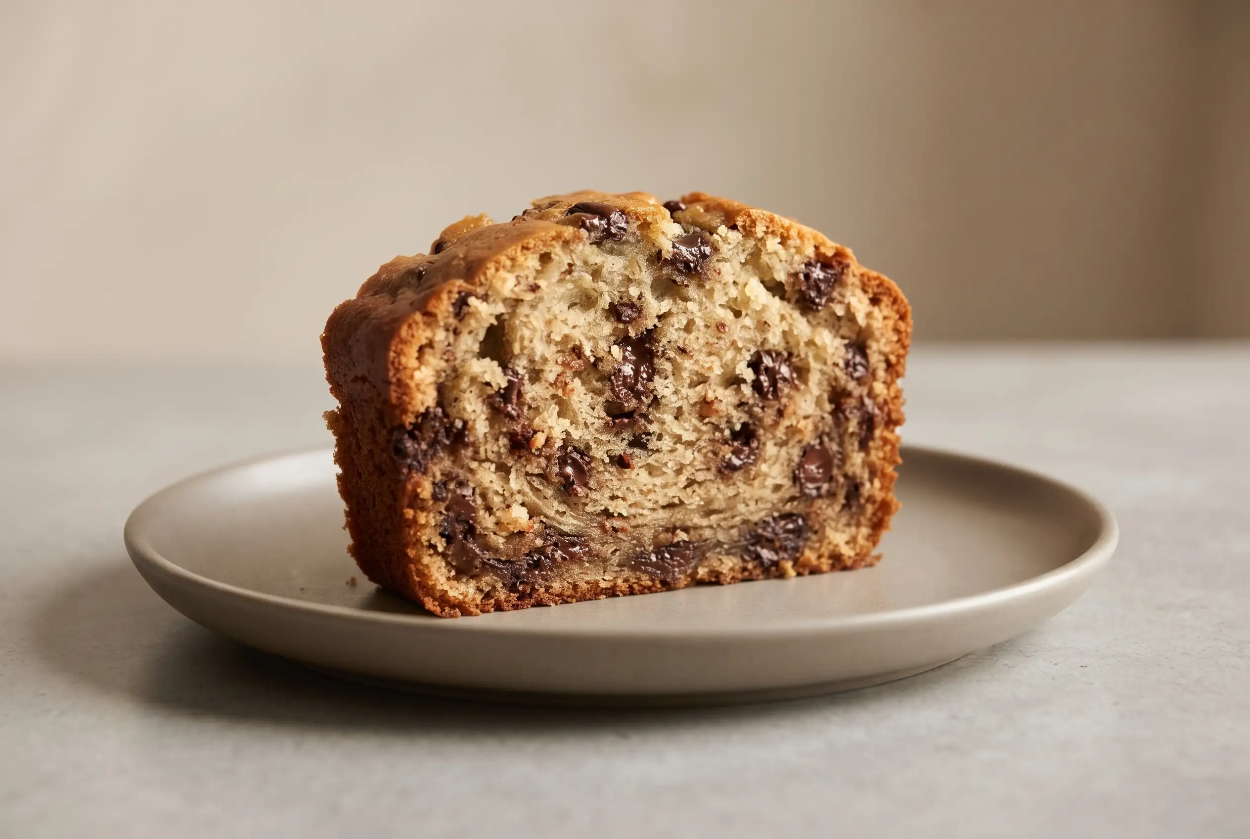 Chocolate Chip Banana Bread Slice Slice of chocolate chip banana bread with a moist crumb and melted chocolate chips on a plate