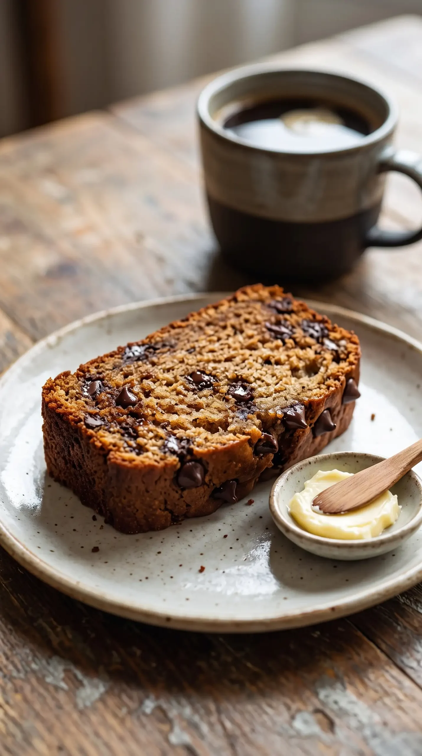 Slice of chocolate chip banana bread served with butter and coffee