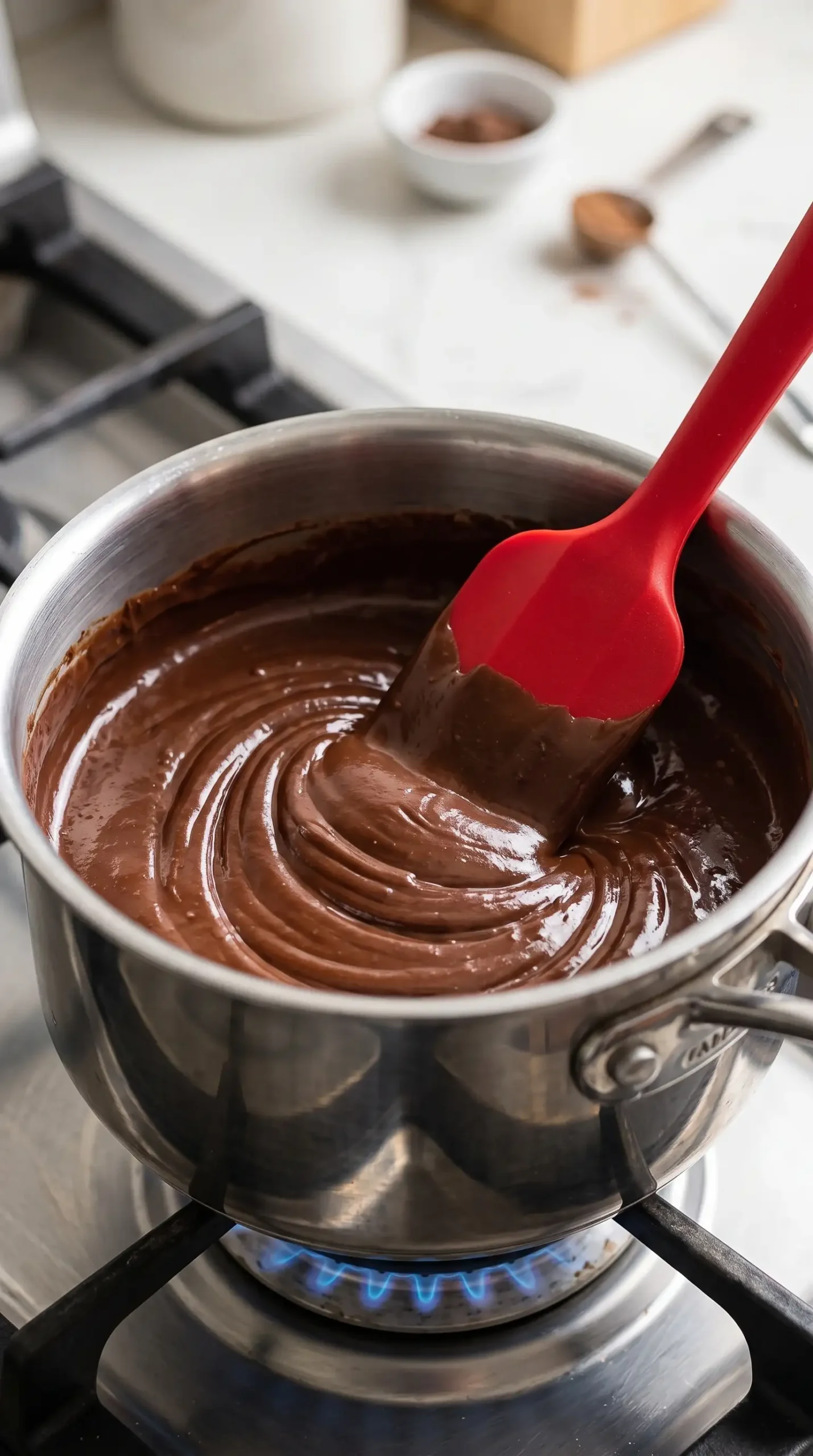 Chocolate fudge topping being stirred in a saucepan for the cake