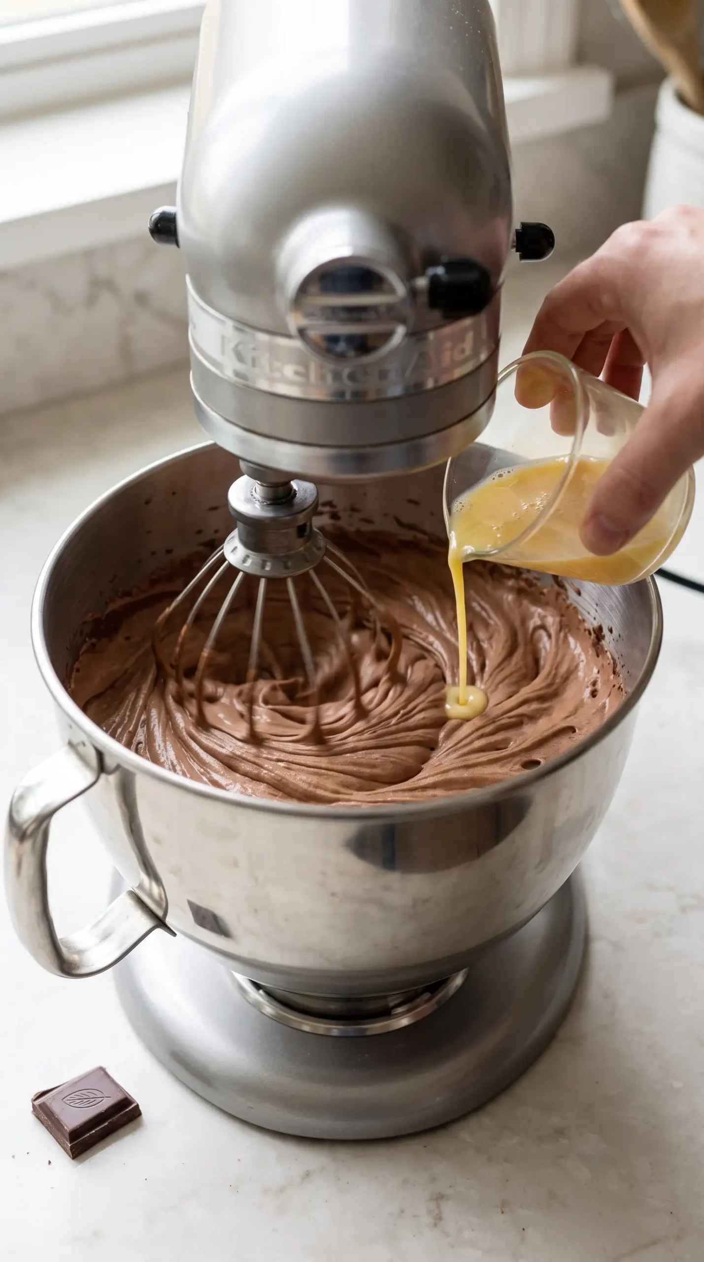 Chocolate mousse mixture being whipped with gradual egg incorporation